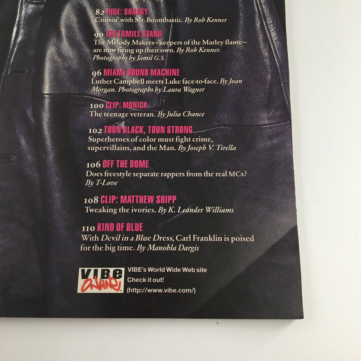 Page from Vibe Magazine October 1995 featuring articles including Shaggy, Monica, and other music icons, reflecting the vibrant culture of the 1990s.
