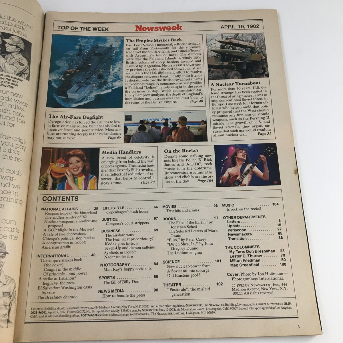 Contents page of Newsweek Magazine April 19, 1982, highlighting major topics like The Empire Strikes Back, The Falkland Crisis, and various cultural insights.