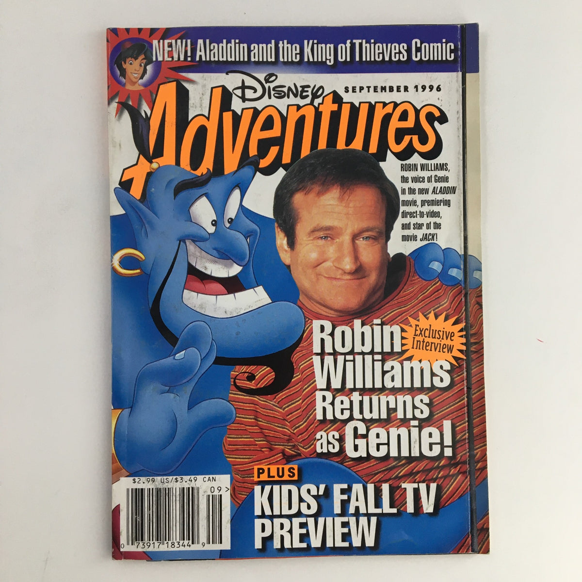 Disney Adventures Magazine September 1996 featuring Robin Williams on the cover, highlighting his return as Genie, alongside Disney's iconic character with a vibrant background, showcasing nostalgia and vintage pop culture.