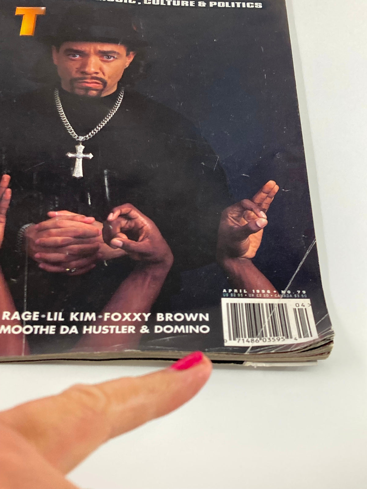 Close-up of The Source Magazine April 1996 No. 79 cover featuring Ice T, showcasing the text and details about the additional artists featured in the issue like Busta Rhymes and Lil' Kim.
