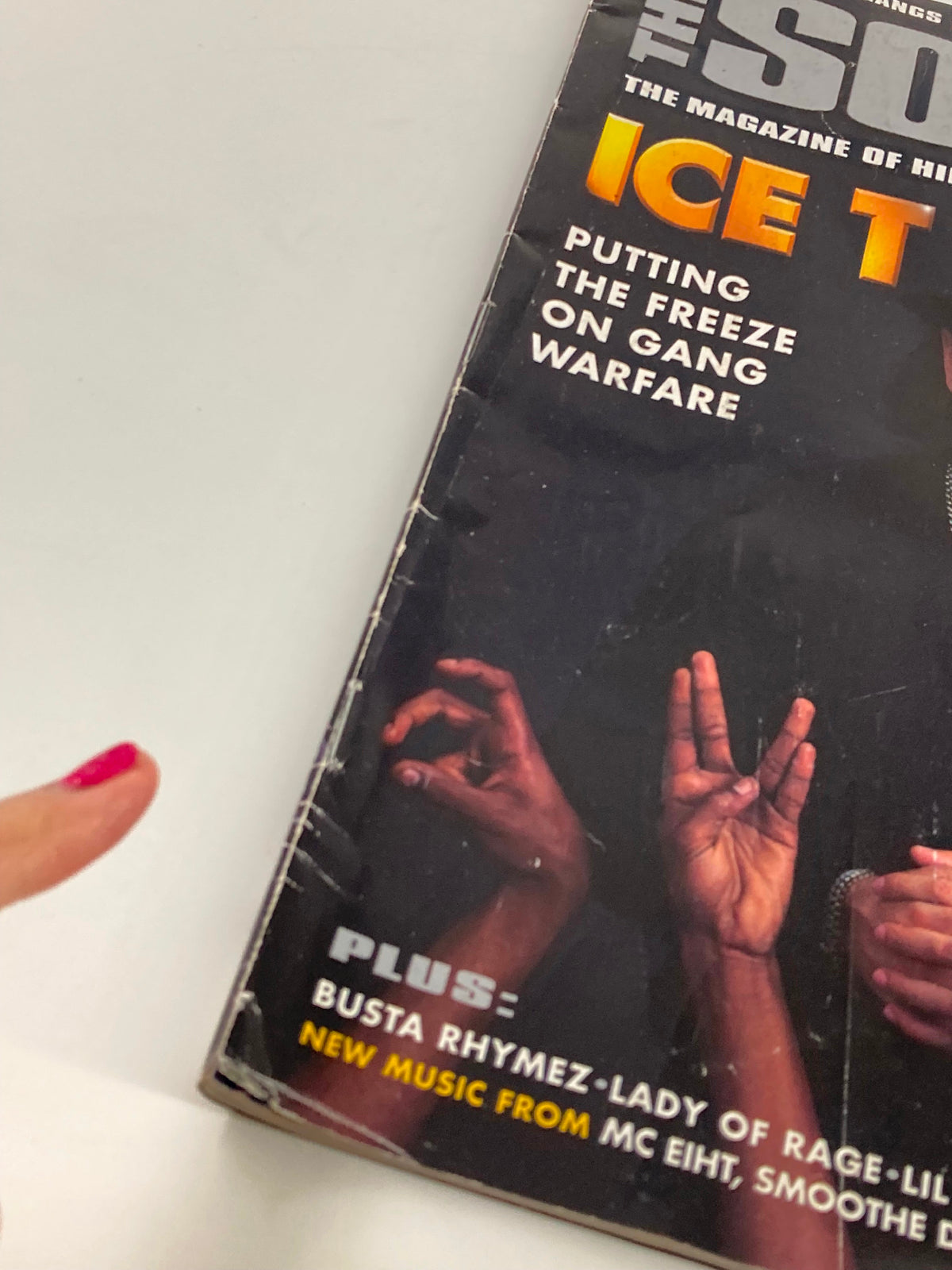 Side view of The Source Magazine April 1996 No. 79 showing Ice T on the cover with a focus on the text 'Putting the Freeze on Gang Warfare' and additional features including Busta Rhymes and Smooth Da Hustler.