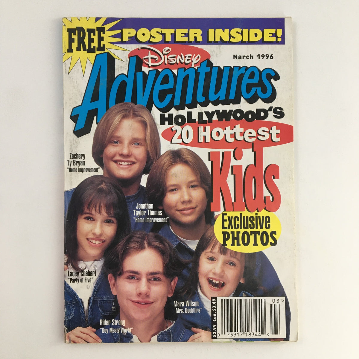 Cover of Disney Adventures Magazine March 1996 featuring Zachery Ty Bryan, Jonathan Taylor Thomas, Lacey Chabert, Rider Strong, and Mara Wilson. This vintage magazine showcases 'Hollywood's 20 Hottest Kids' along with exclusive photos.