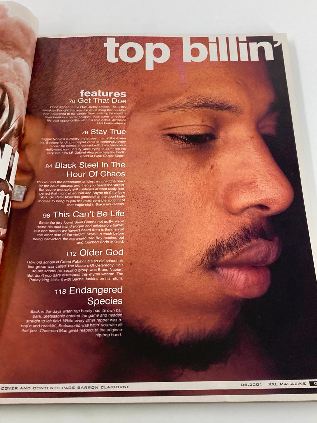 Interior page of XXL Magazine June 2001 showcasing the table of contents and features section including highlights on hip-hop artists and culture.