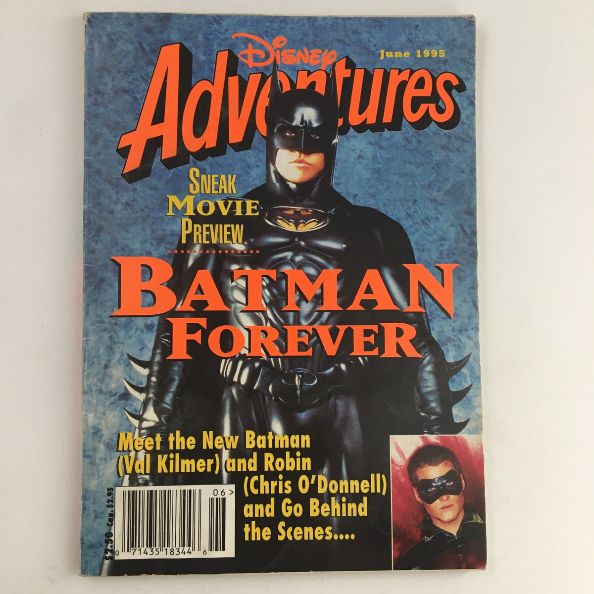 Disney Adventures Magazine June 1995 featuring a sneak peek of Batman Forever. The cover showcases Batman in costume, highlighting key themes of the era's pop culture and cinema.