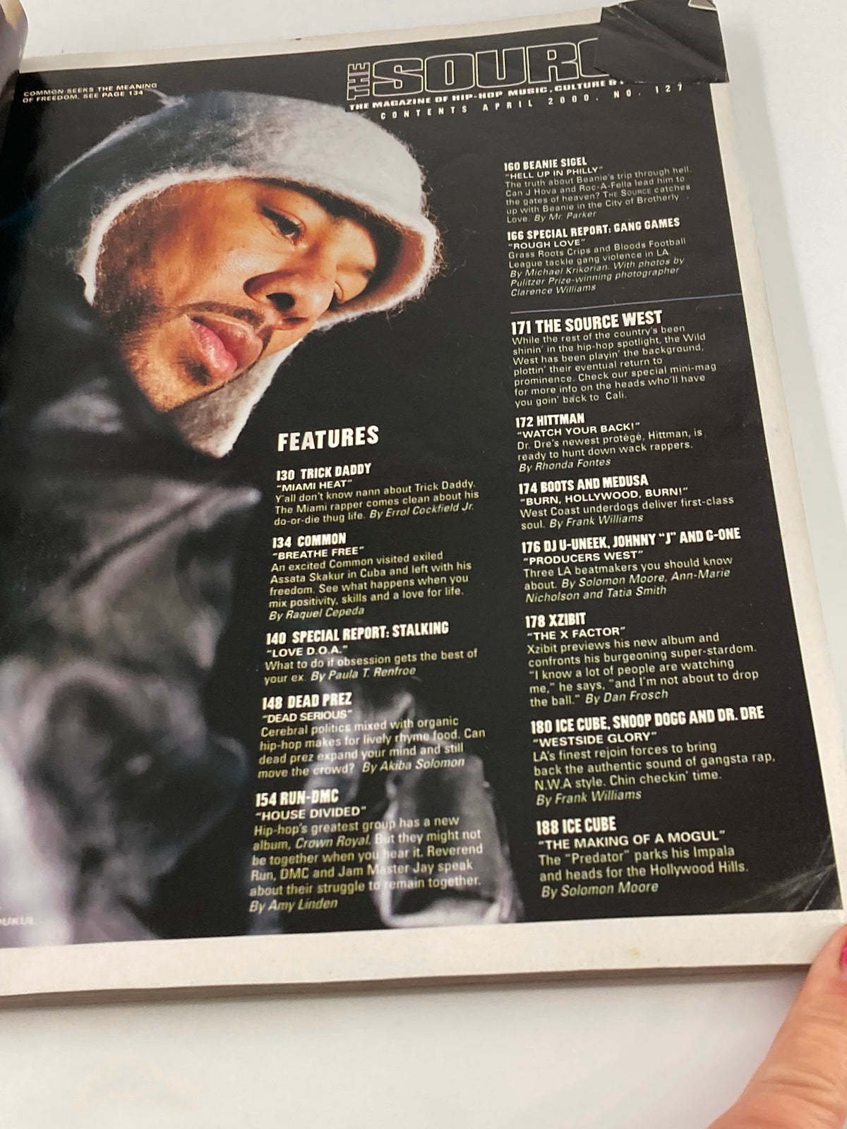 Inside page of The Source Magazine April 2000 with features on hip-hop artists, including Dr. Dre, showcasing significant articles from the era.