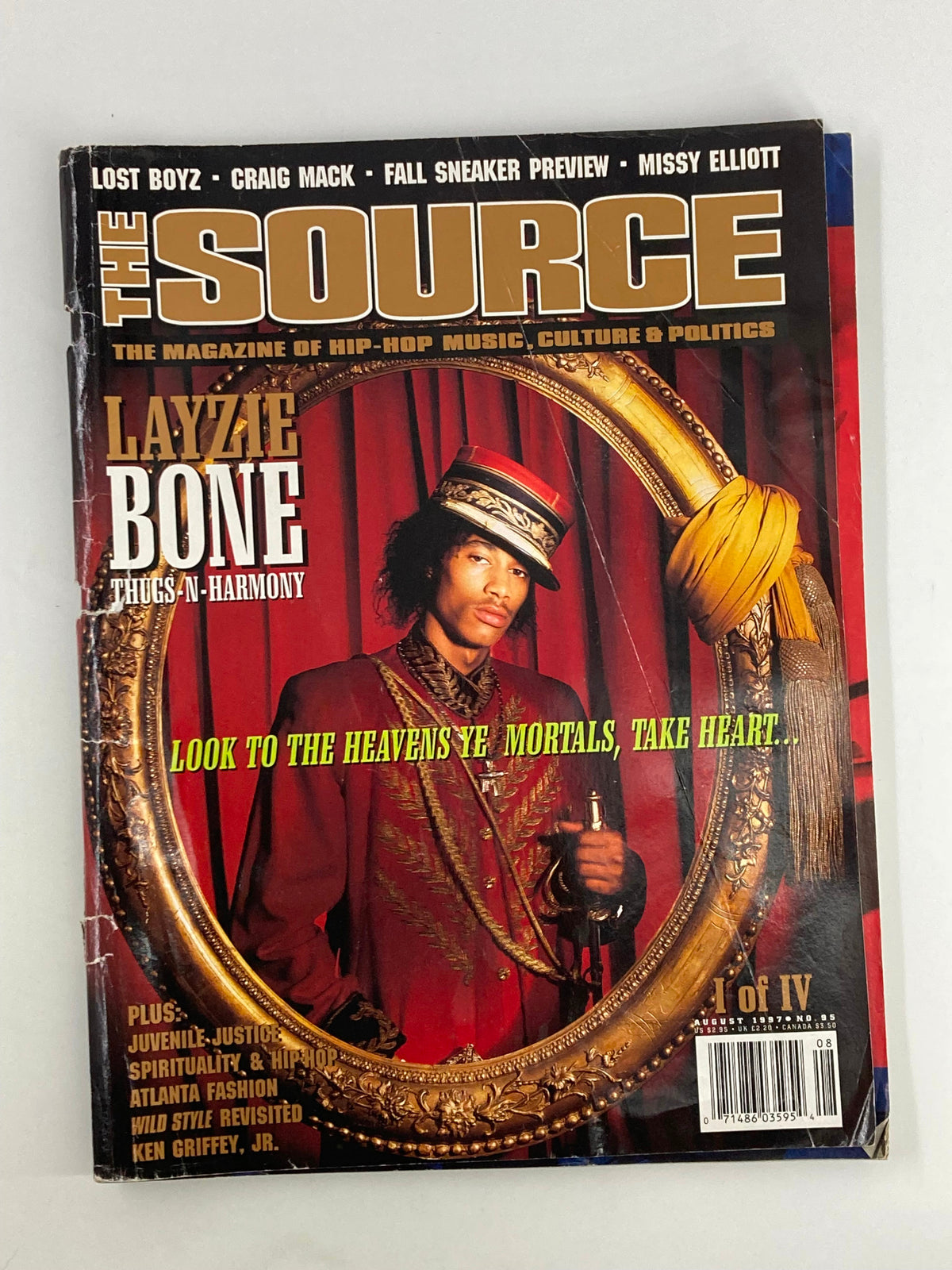 The Source Magazine August 1997 featuring Layzie Bone from Thugs-N-Harmony, showcasing vibrant cover art with ornate frame design and bold text.