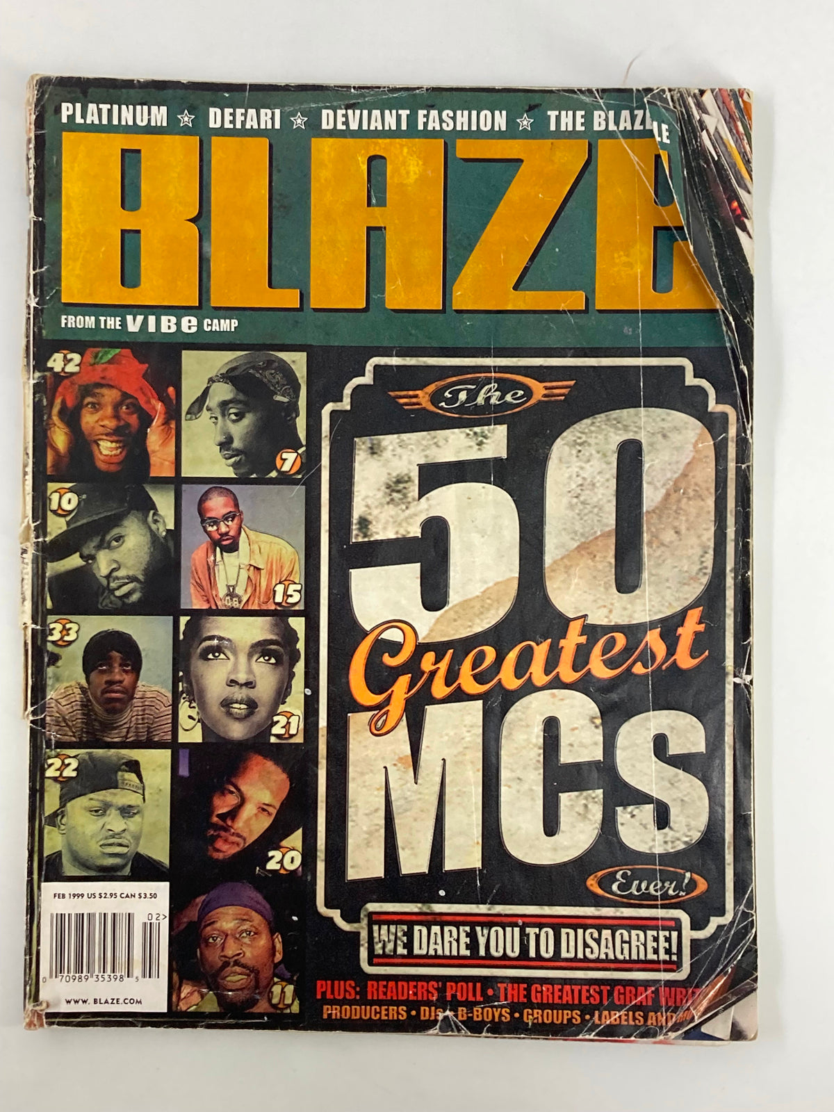 Blaze Vibe Magazine February 1999 featuring the iconic cover 'The 50 Greatest MCs Ever' highlighting hip-hop culture and artists.