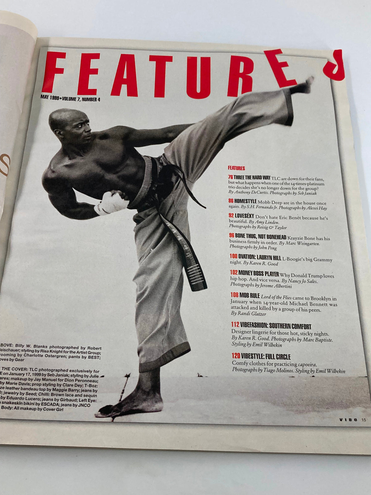 Inside page from Vibe Magazine May 1999 listing featured articles, including segments on TLC, Lauryn Hill, and Mobb Deep. The bold red letter 'FEATURES' symbolizes the magazine’s focus on influential hip-hop artists.