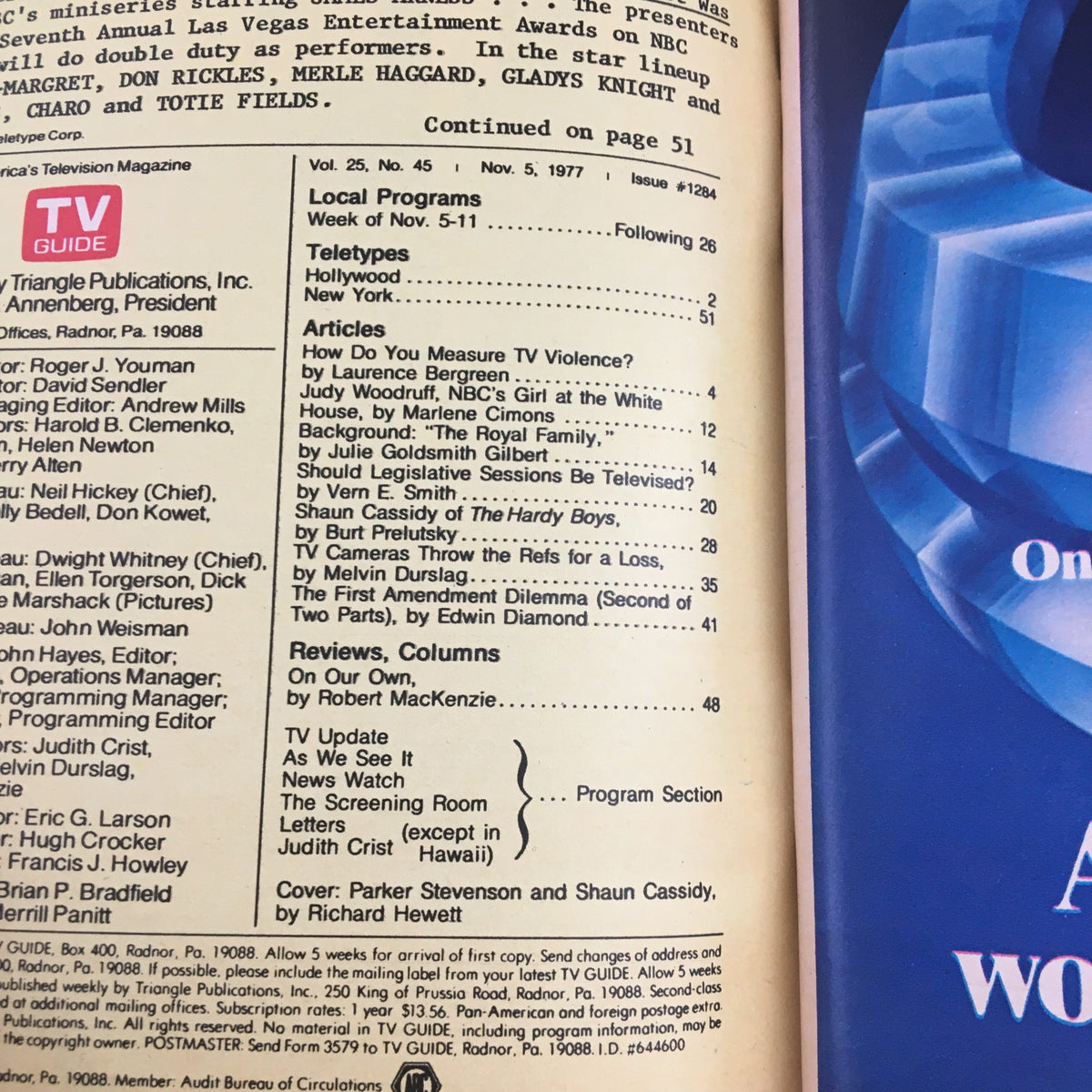 Interior page from TV Guide Magazine November 5 1977 detailing local programs and articles, including a feature on Shaun Cassidy of The Hardy Boys, reflecting on 1970s television culture.