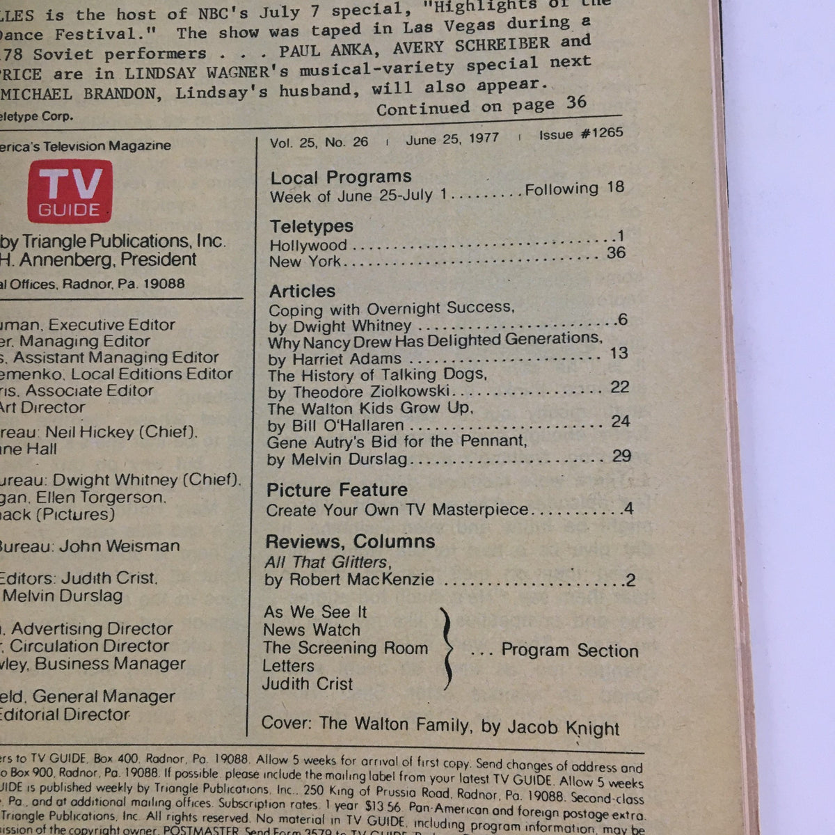 TV Guide Magazine June 25 1977 internal page showcasing articles, including a feature on the Walton Kids.