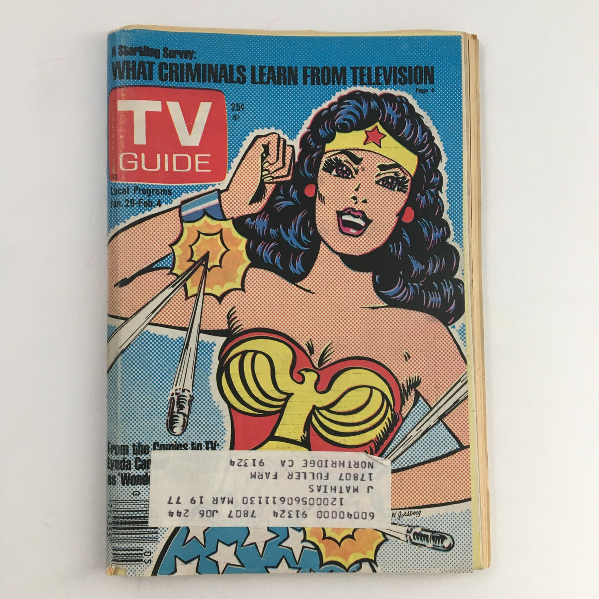 TV Guide Magazine cover from January 29, 1977 featuring Lynda Carter as Wonder Woman, showcasing her iconic superhero pose and colorful design, L.A. Edition.