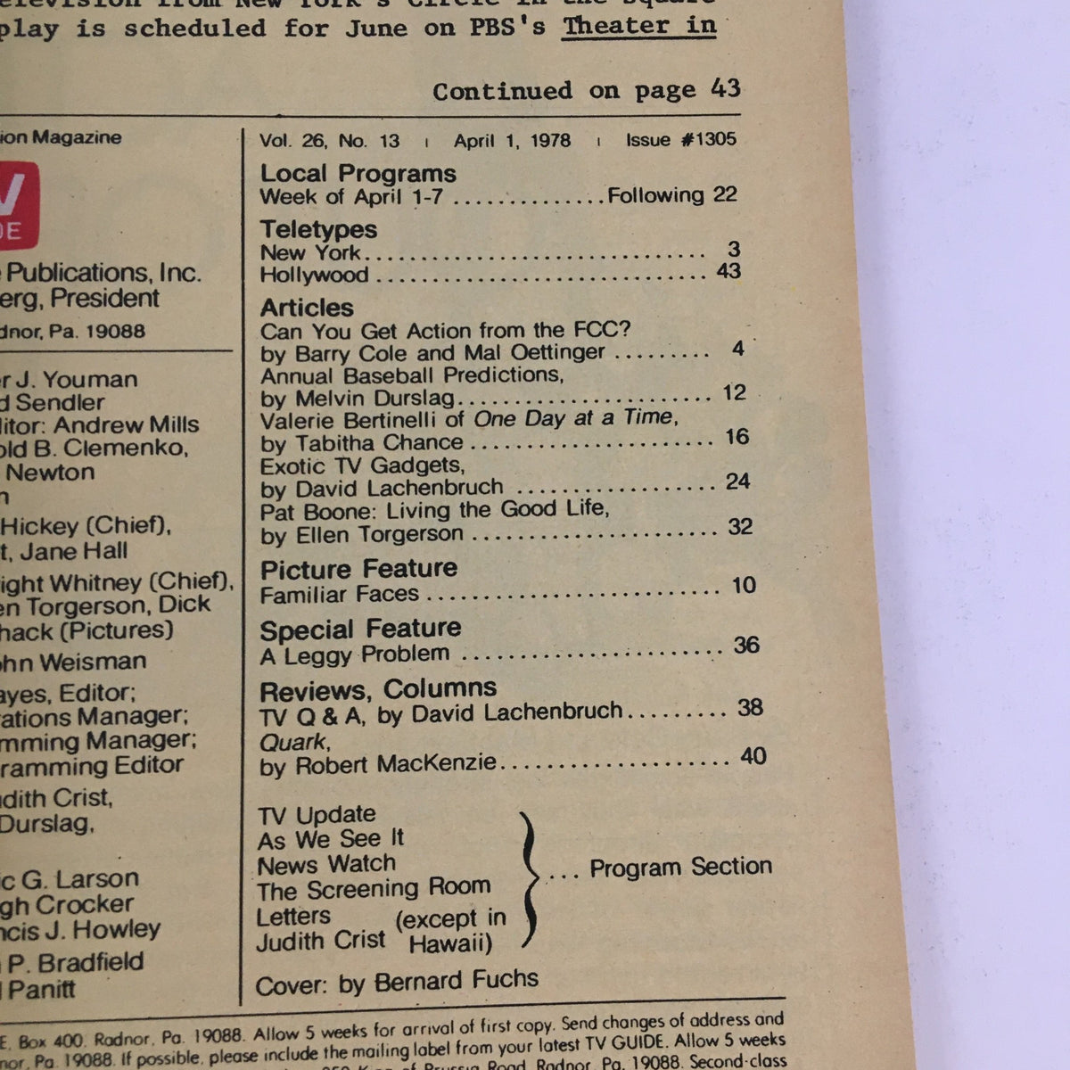 TV Guide Magazine April 1 1978 featuring Pat Boone, inside page highlighting articles and television shows from the late 1970s.