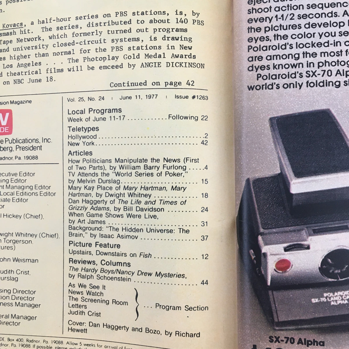 Interior page of TV Guide Magazine June 11 1977 detailing articles, including 'How Politicians Manipulate the News'.