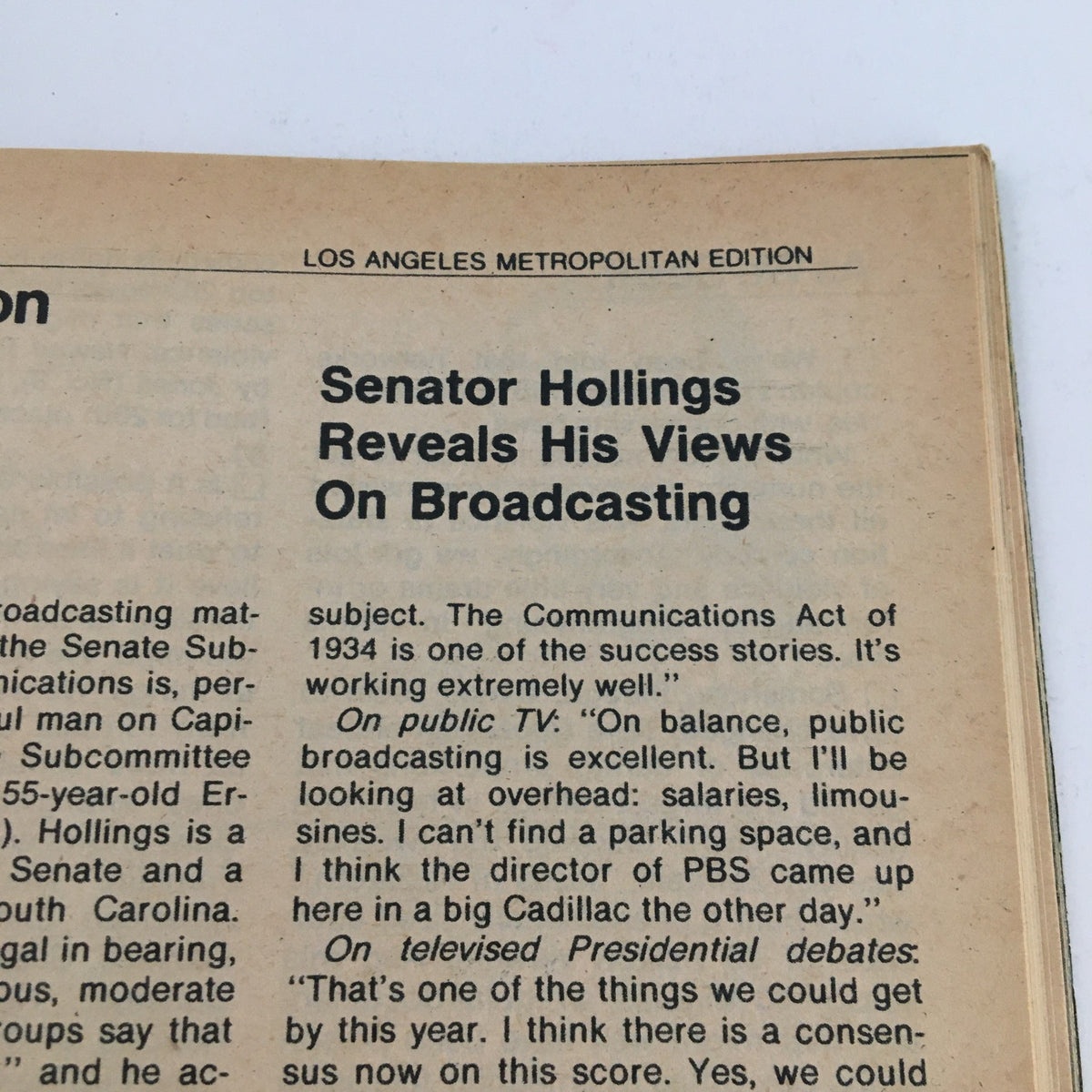 Editorial page of TV Guide Magazine June 11 1977 discussing Senator Hollings' views on broadcasting, from the Los Angeles Edition.