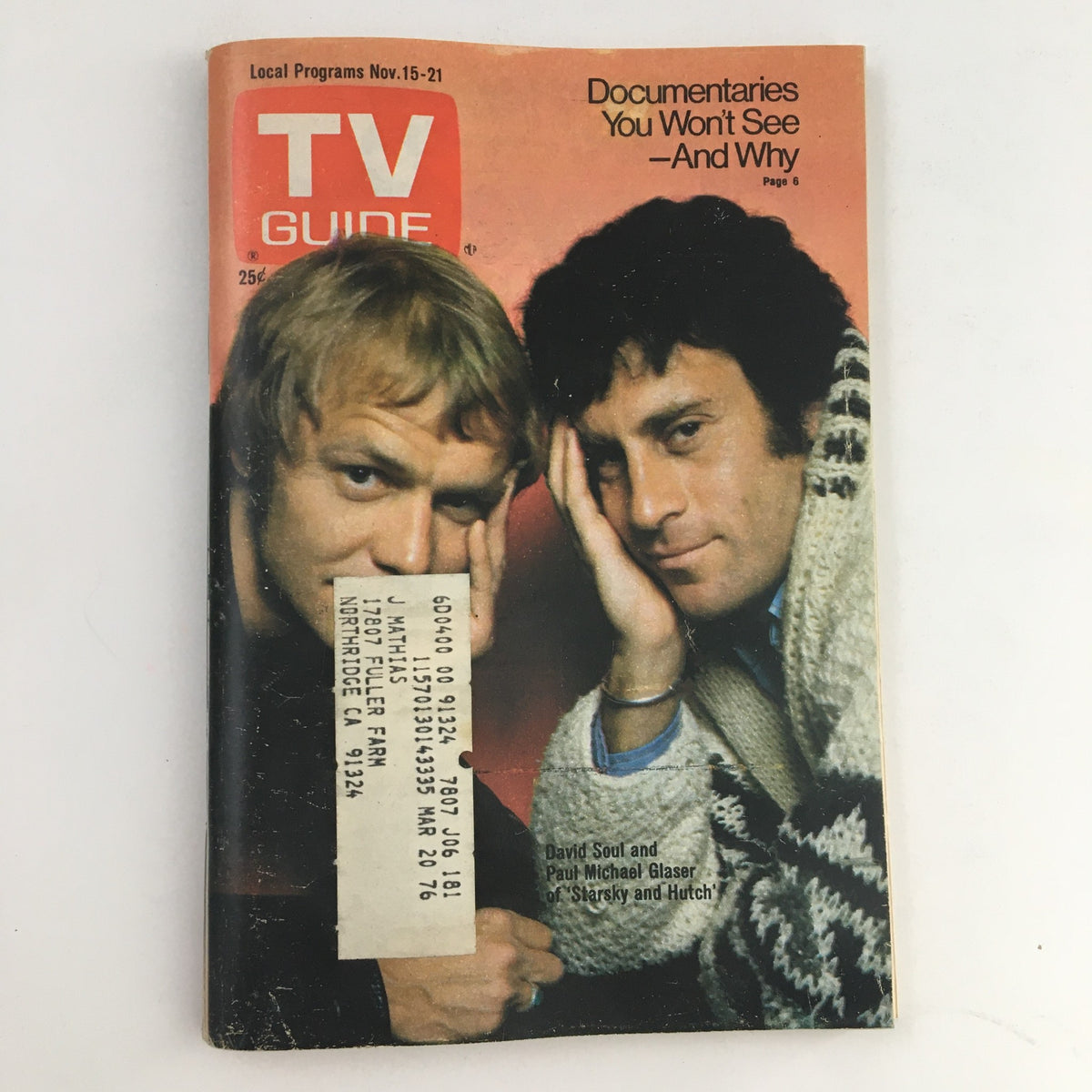Cover of TV Guide Magazine November 15 1975 featuring David Soul and Paul Michael Glaser, stars of Starsky and Hutch, showcasing classic television history.