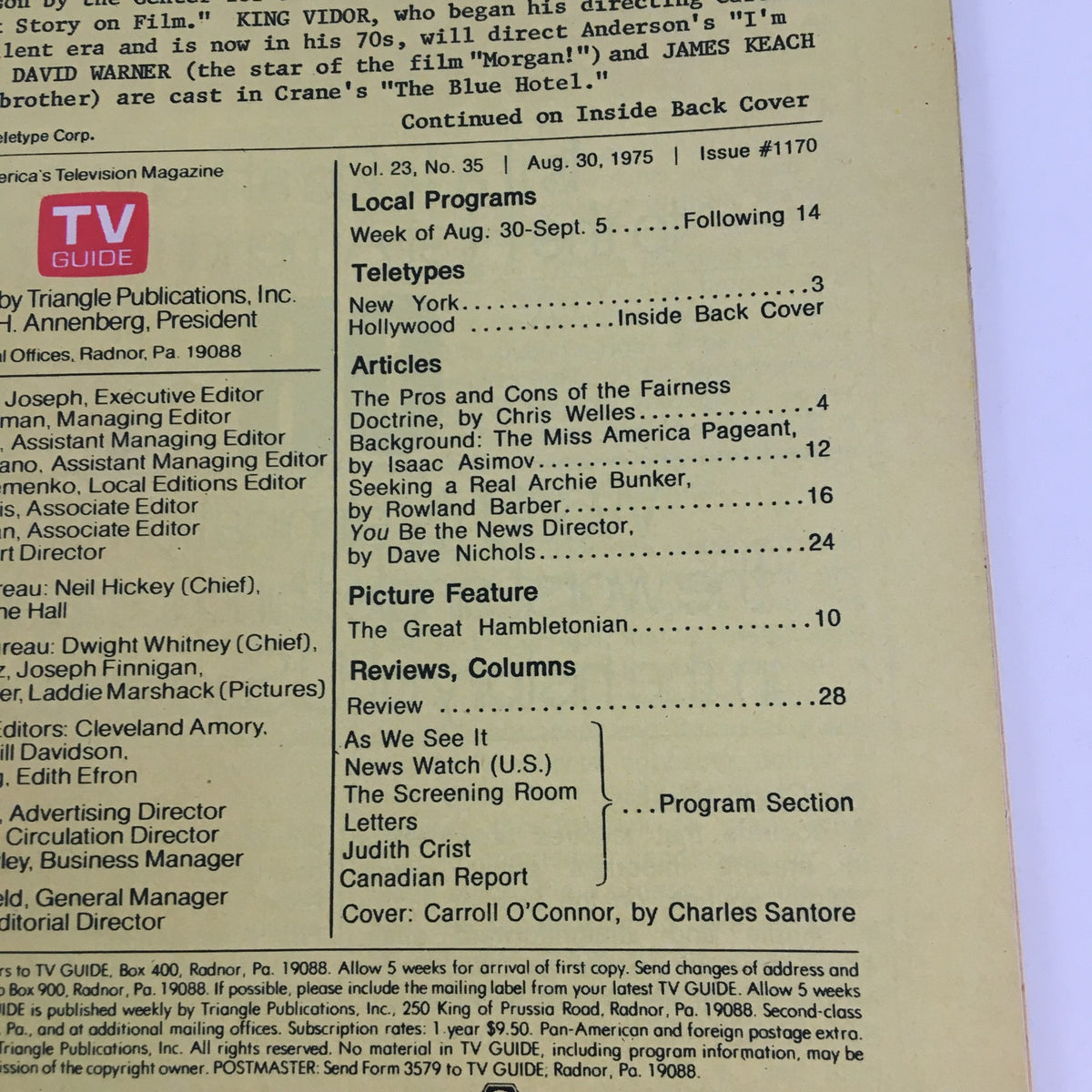 Inside page of TV Guide Magazine from August 30, 1975, showing articles and editorial details. The page mentions various topics and includes Carroll O'Connor as the cover star. This reflects the publication's content during a significant era in television.