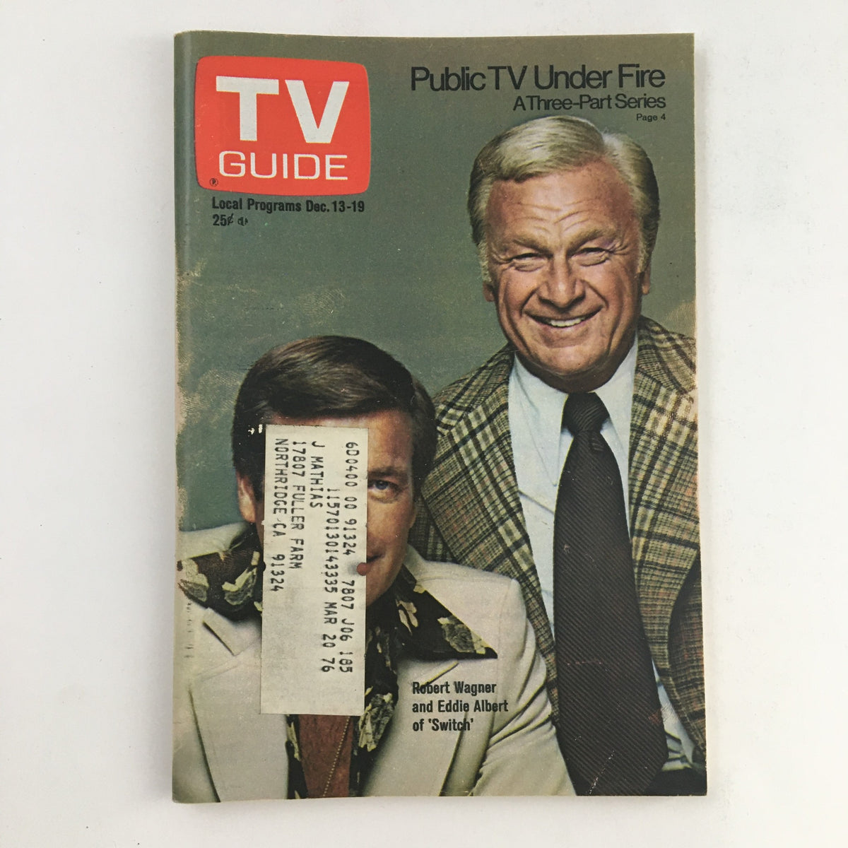 Cover of TV Guide Magazine December 13, 1975 featuring Robert Wagner and Eddie Albert, highlighting the L.A. Edition with a blend of vintage design and cultural significance.