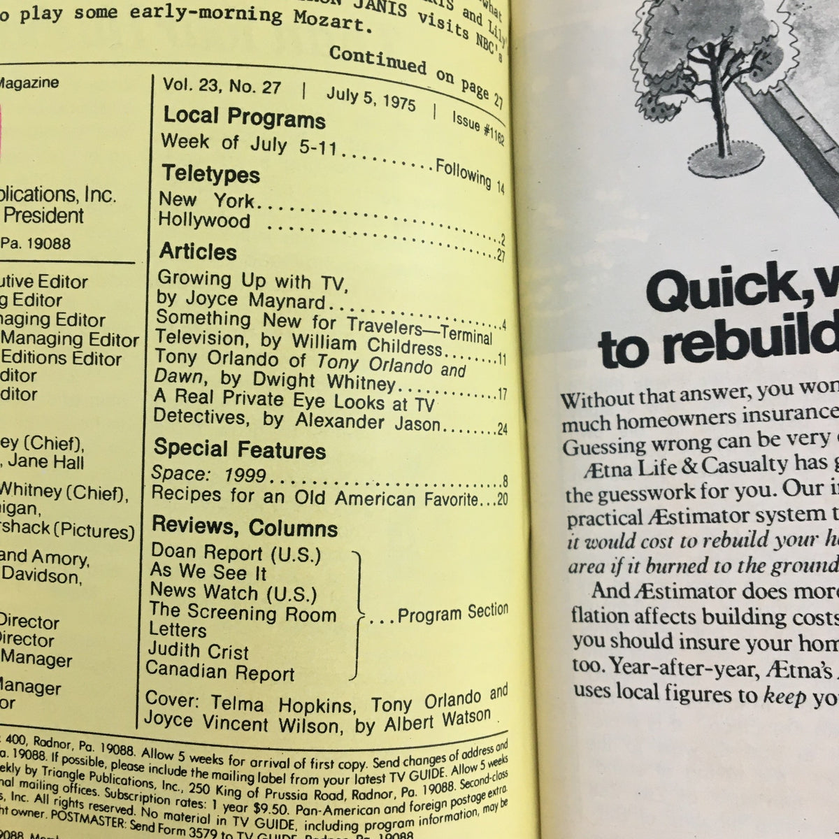Interior pages of TV Guide Magazine July 5 1975 displaying article list and features including Telma Hopkins, Tony Orlando, and J Wilson.