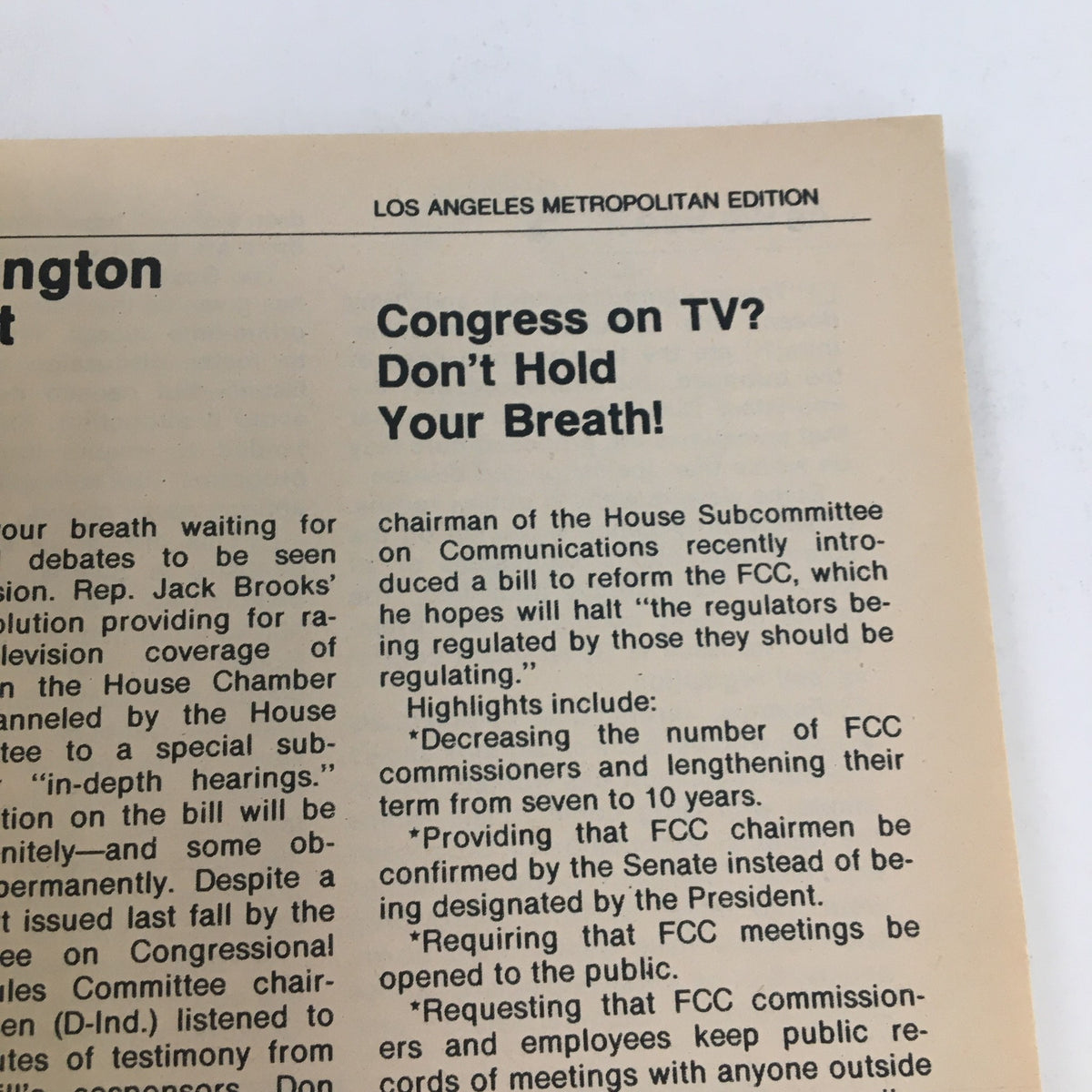 Detailed view of a section in the TV Guide Magazine July 5 1975 discussing Congressional regulation on television, showcasing historical media context.