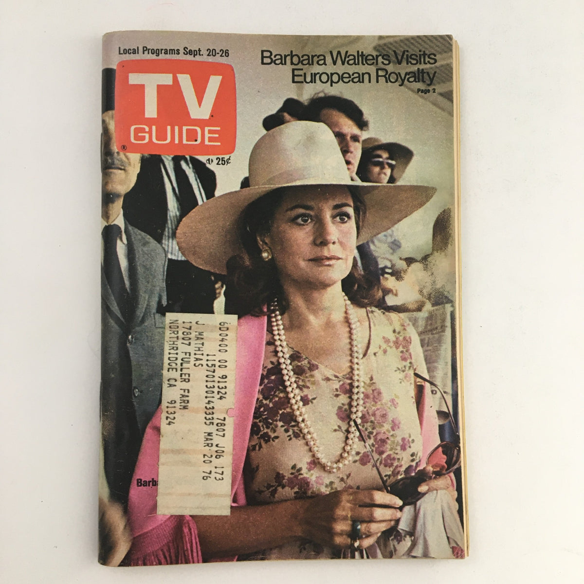 Cover of TV Guide Magazine September 20, 1975 featuring Barbara Walters and an article on European royalty. The magazine showcases a classic design indicative of the 70s era.