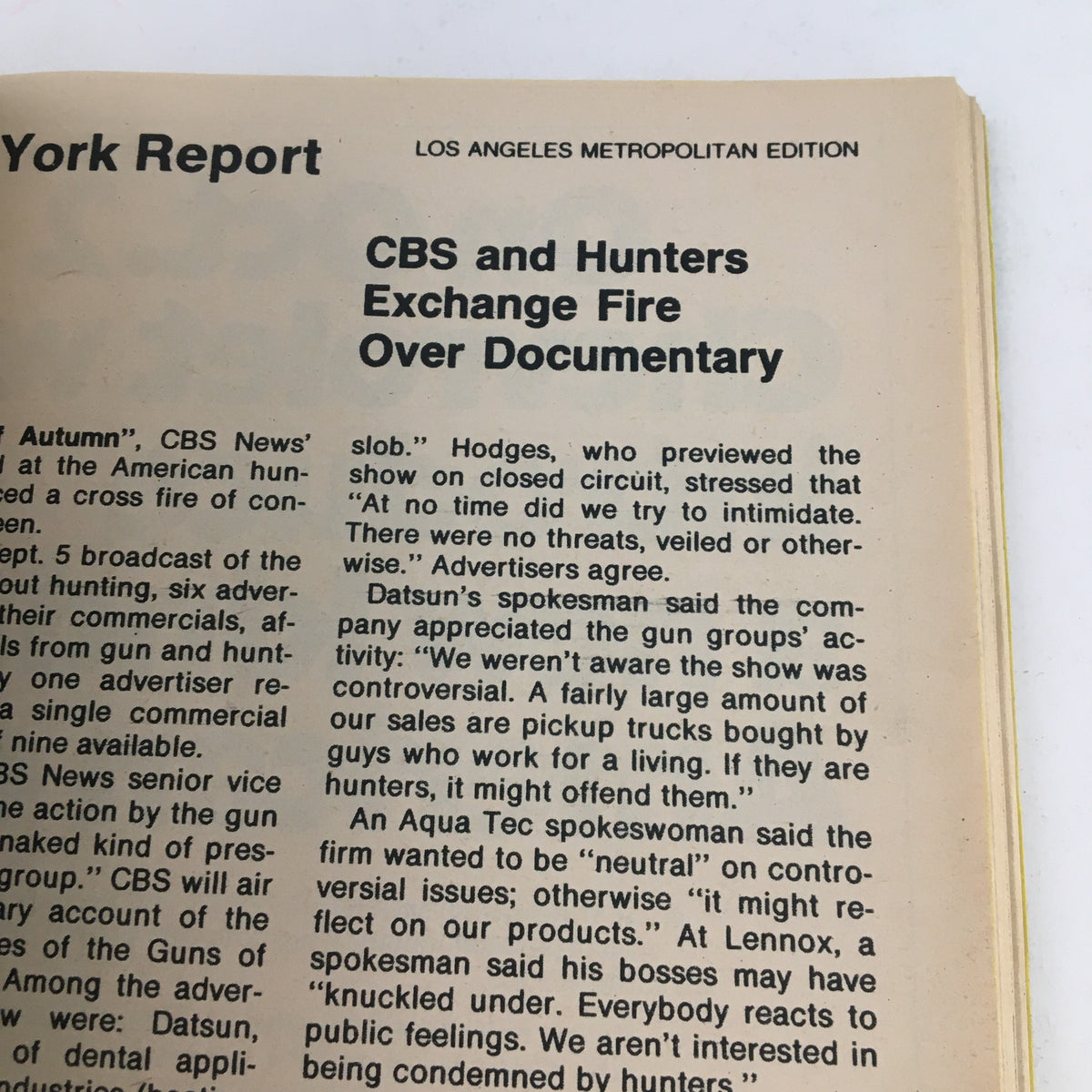 Segment of an article titled 'CBS and Hunters Exchange Fire Over Documentary' from TV Guide Magazine September 20, 1975. It delves into media controversies of the time.