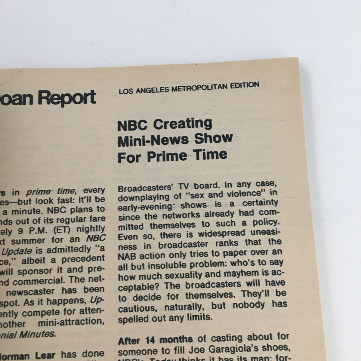 Inside page of TV Guide Magazine February 15 1975, highlighting an article about NBC creating a mini-news show for prime-time, relevant to television trends in the 1970s.
