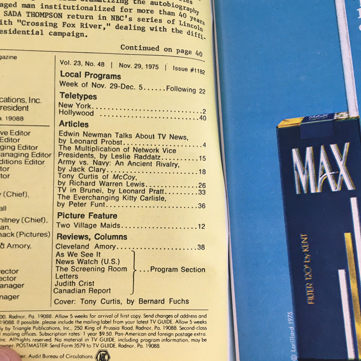 Inside page of TV Guide Magazine from November 29, 1975, showing the table of contents. Highlights include an article about Tony Curtis of 'McCoy' and insights into popular television programs from the 1970s.