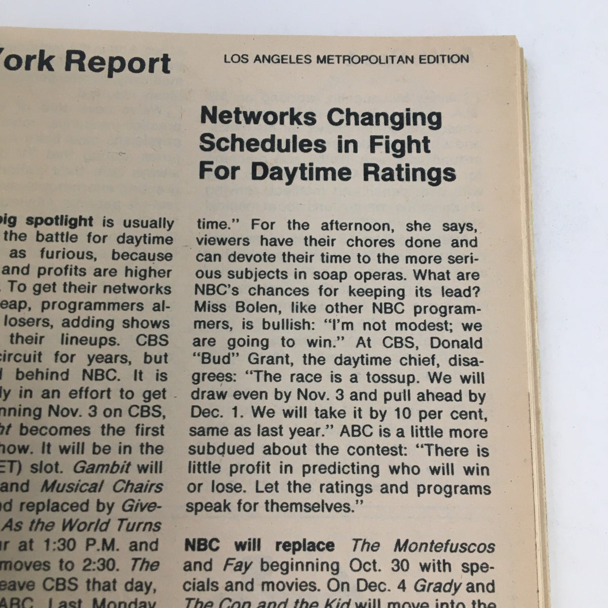 Inside page of TV Guide Magazine, October 11, 1975, discussing daytime ratings and television programming changes, part of a collectible issue featuring Glenn Ford.