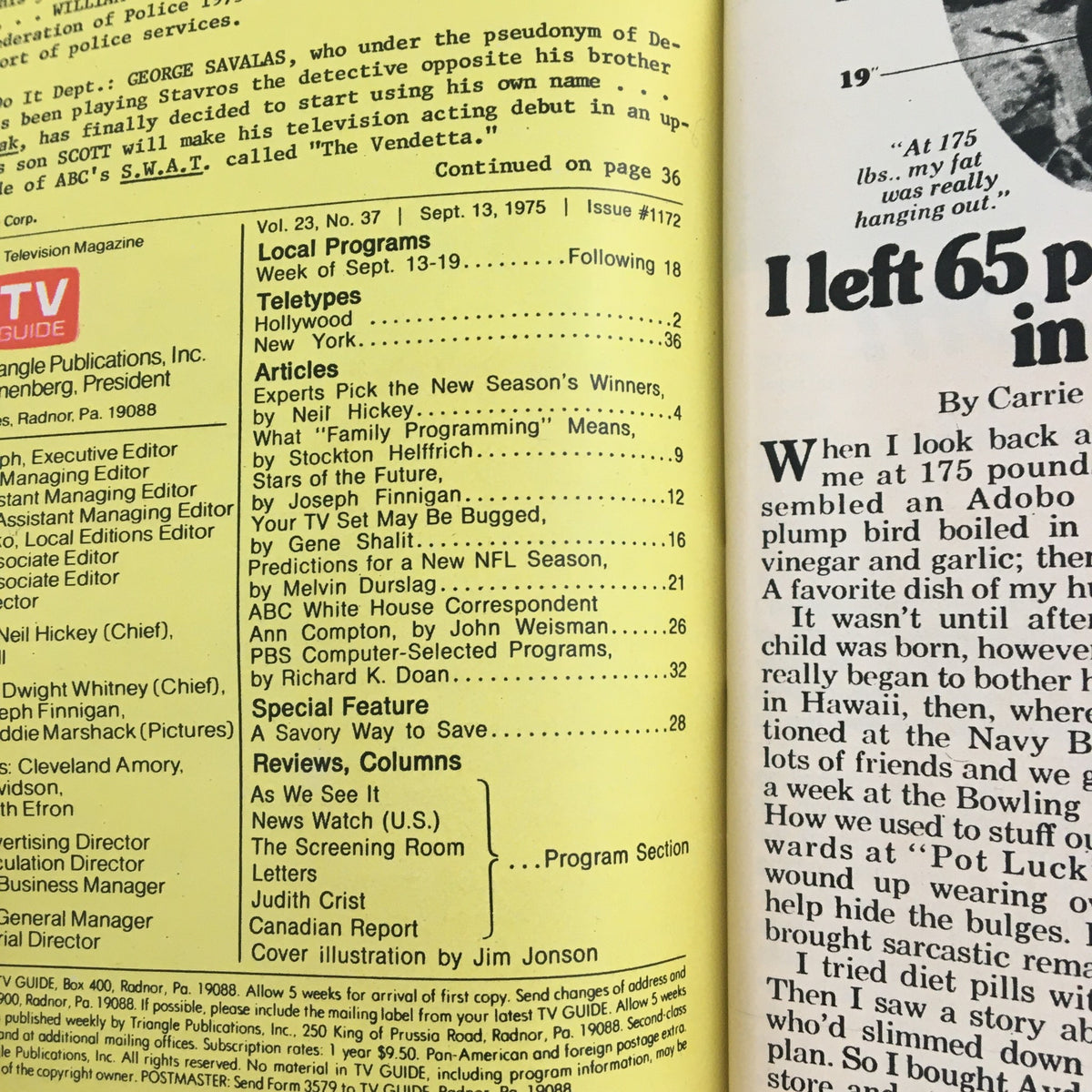 Interior page of TV Guide Magazine September 13, 1975, showing table of contents with listings and articles about hit shows.