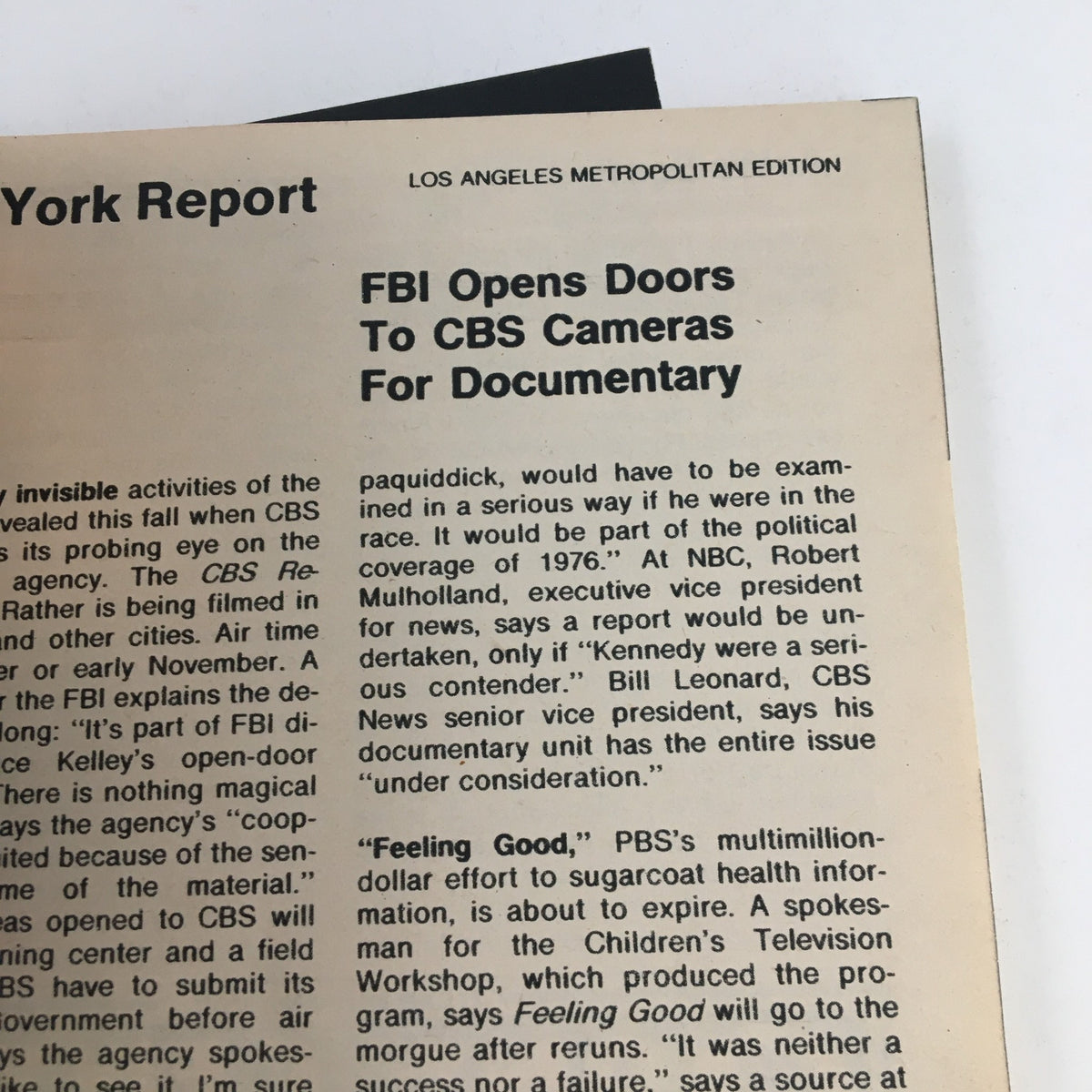Article page from TV Guide Magazine September 13, 1975, titled 'FBI Opens Doors To CBS Cameras For Documentary,' discussing important media and governmental issues.