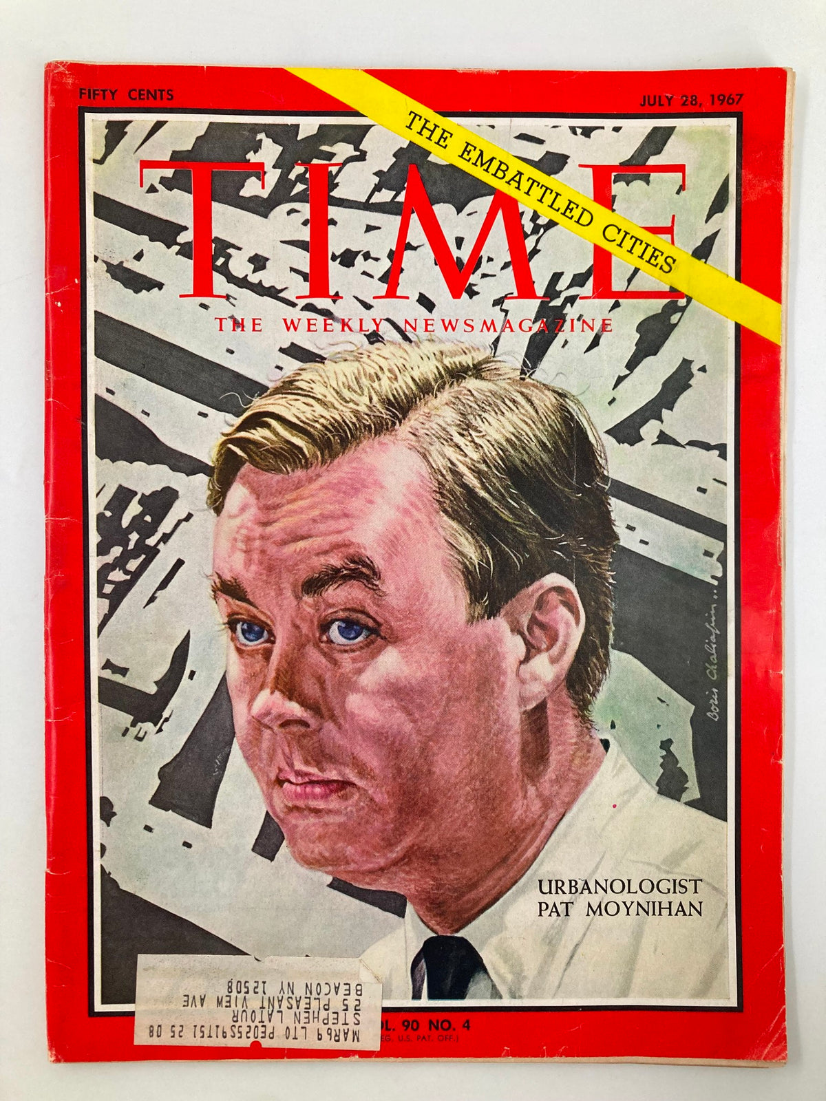 Vintage Time Magazine cover from July 28, 1967, featuring Urbanologist Pat Moynihan, Volume 90, Number 4 with bold red background and striking graphics.