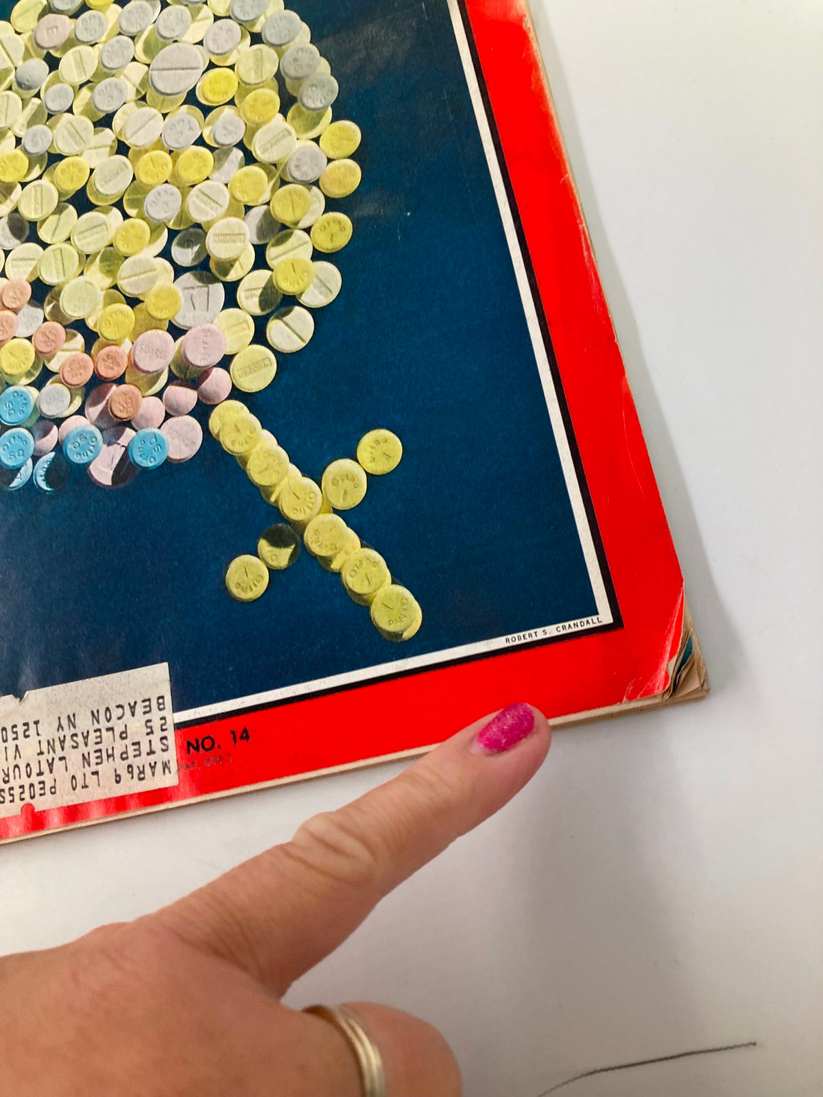 Side view of the cover of VTG Time Magazine April 7, 1967 showing colorful pills and key details along the magazine's edge, illustrating societal themes from the 1960s.