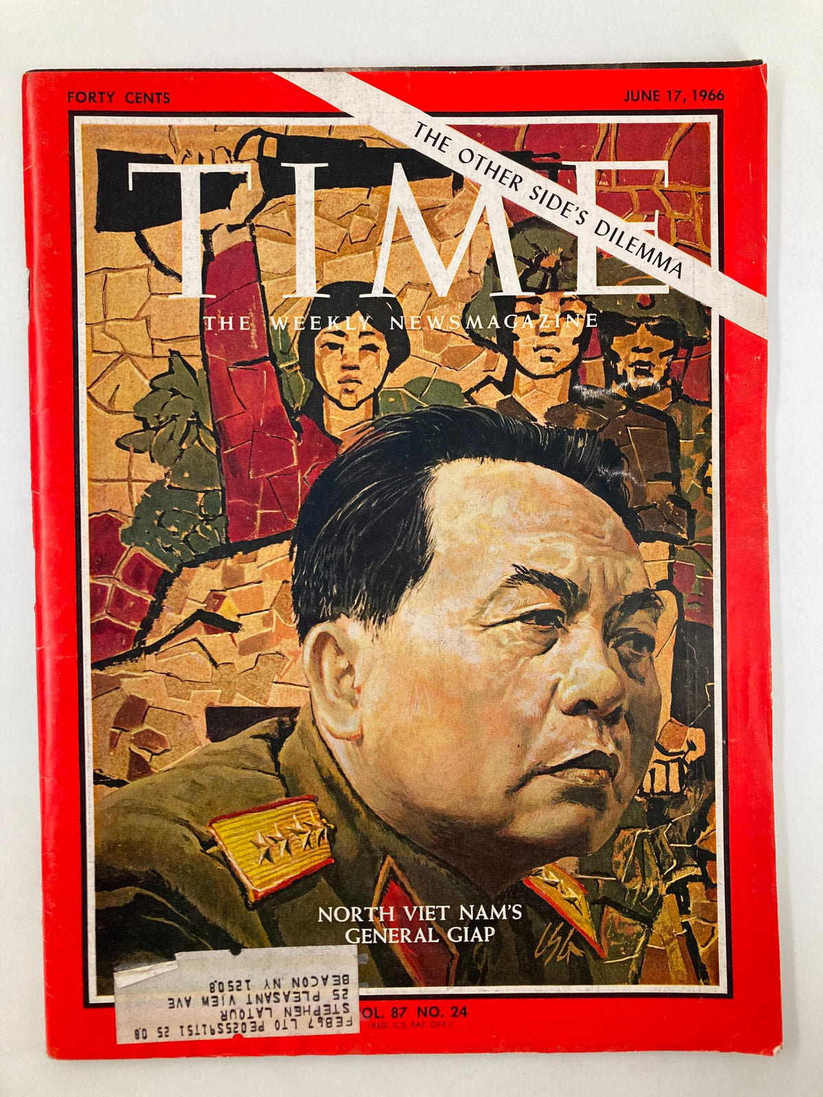 Vintage Time Magazine cover from June 17, 1966, Volume 87, No. 24 featuring North Vietnam's General Giap, showcasing a detailed illustration of military figures and historical context related to the Vietnam War.