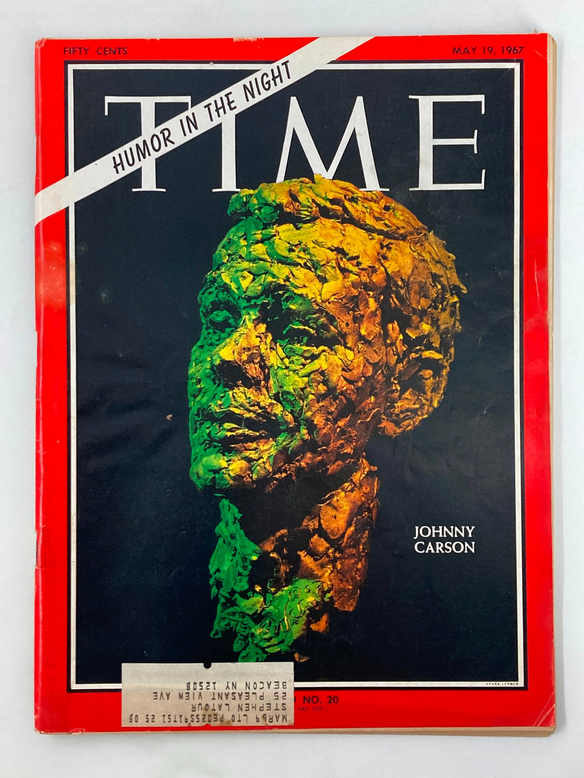 Time Magazine May 19, 1967 cover featuring Johnny Carson under the title 'Humor in the Night'; a colorful artistic representation showcasing his impact on television humor.