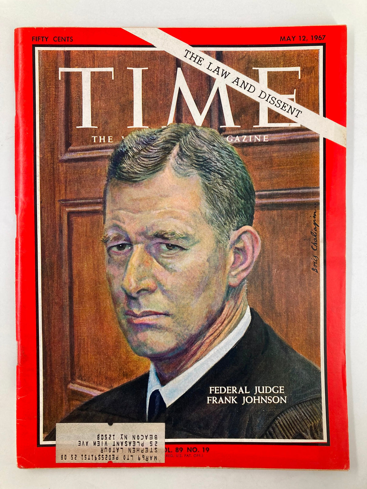 Vintage Time Magazine cover from May 12, 1967, featuring Federal Judge Frank Johnson, highlighting the theme 'The Law and Dissent'.