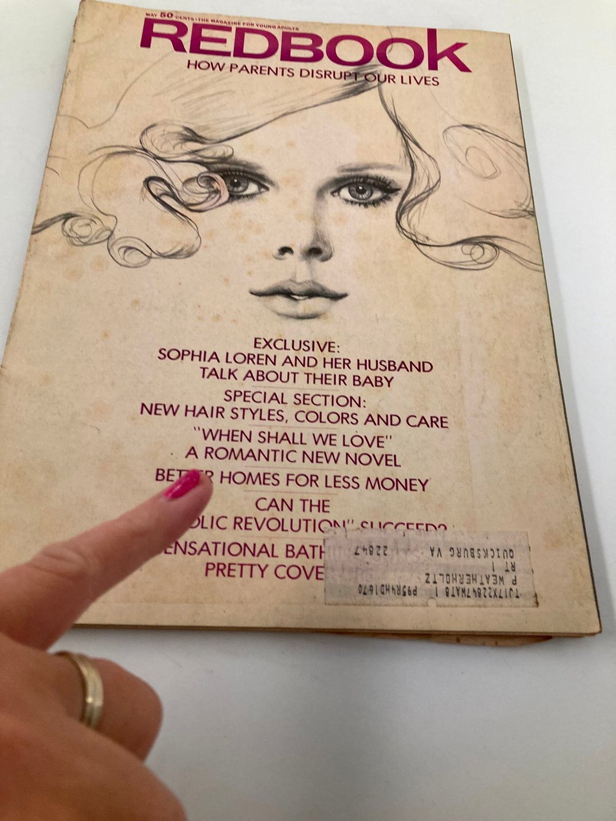 Cover of VTG Redbook Magazine May 1969 featuring an illustration and text about Sophia Loren and her husband discussing their baby.