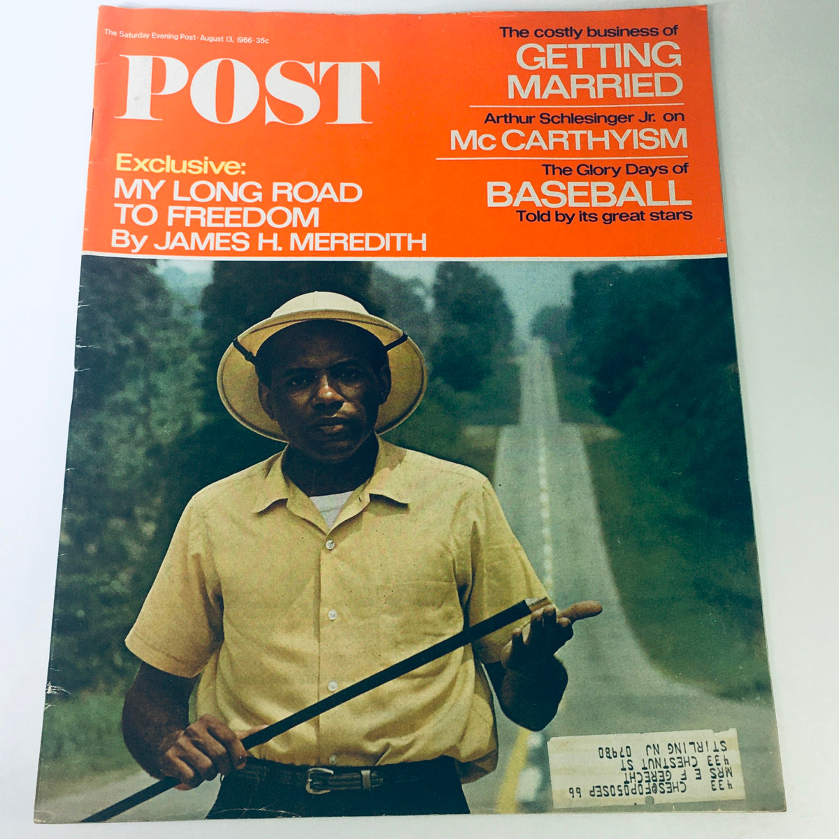 Front cover of VTG The Saturday Evening Post August 13, 1966 featuring an exclusive profile on James H. Meredith, showcasing vibrant graphics and headlines about current topics.