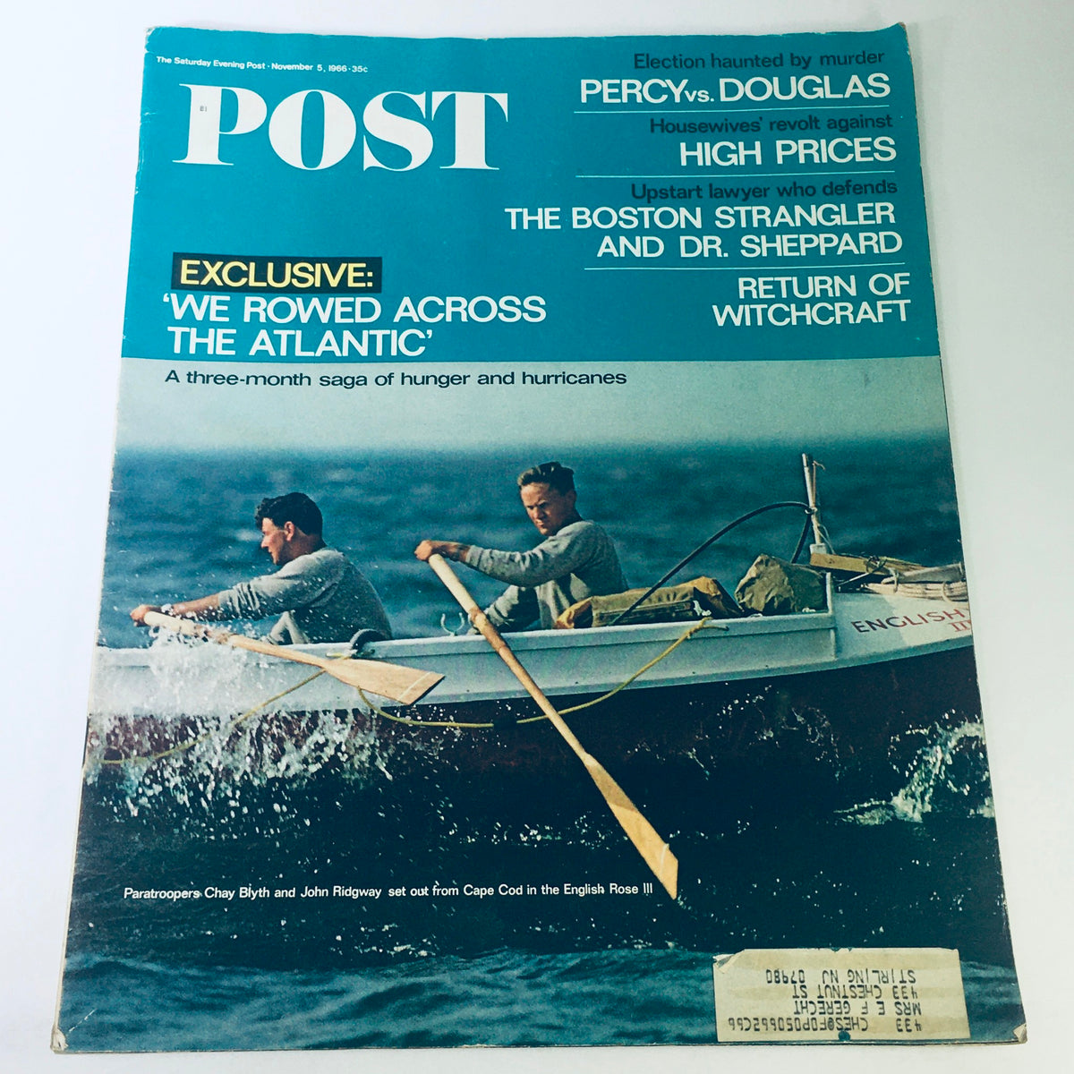 Vintage magazine cover of The Saturday Evening Post from November 5, 1966 featuring paratroopers Chay Blyth and John R. The cover highlights their journey across the Atlantic with a striking image of them rowing in a boat. This collectible edition captures the spirit of adventure and military history.
