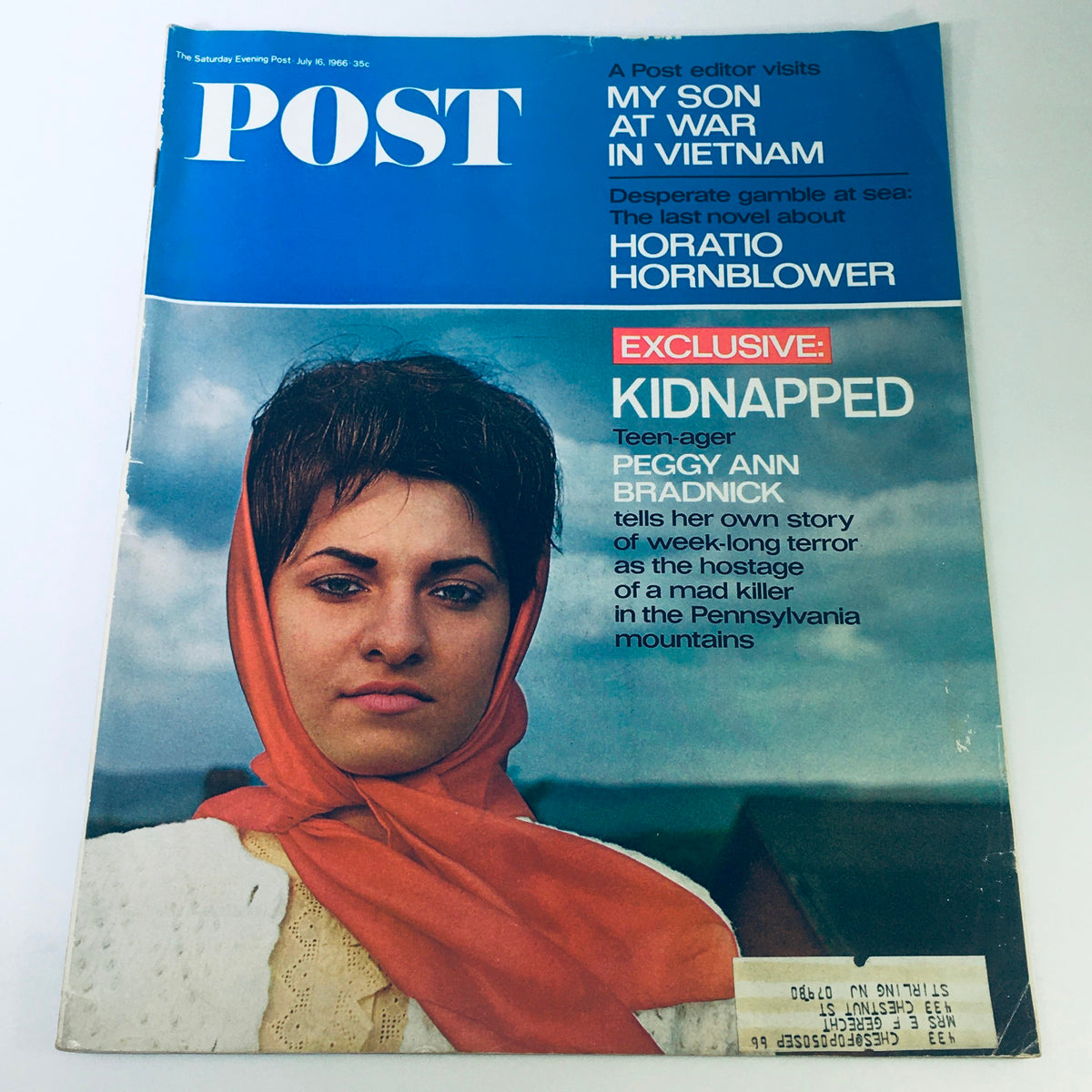Vintage The Saturday Evening Post magazine cover from July 16, 1966, featuring teenager Peggy Ann Bradnick and the headline 'EXCLUSIVE: KIDNAPPED'. The cover discusses her experience of being a hostage in the Pennsylvania mountains.