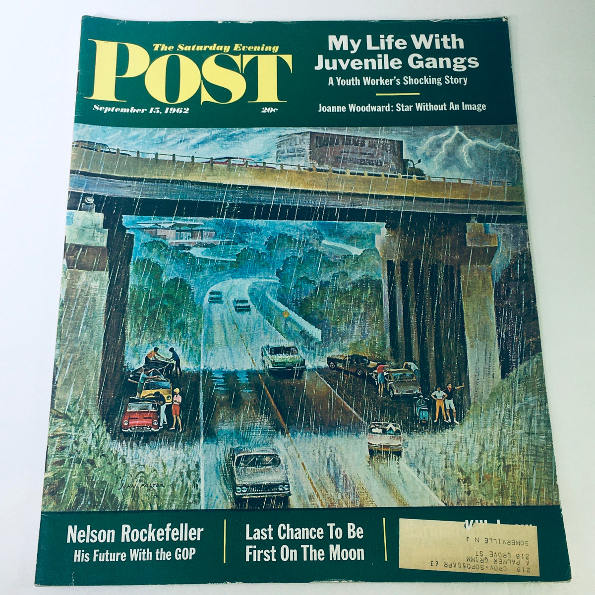 Cover of The Saturday Evening Post from September 15, 1962, featuring Nelson Rockefeller with the GOP, displaying artwork of vehicles in the rain and various scenes reflecting the 1960s political climate.