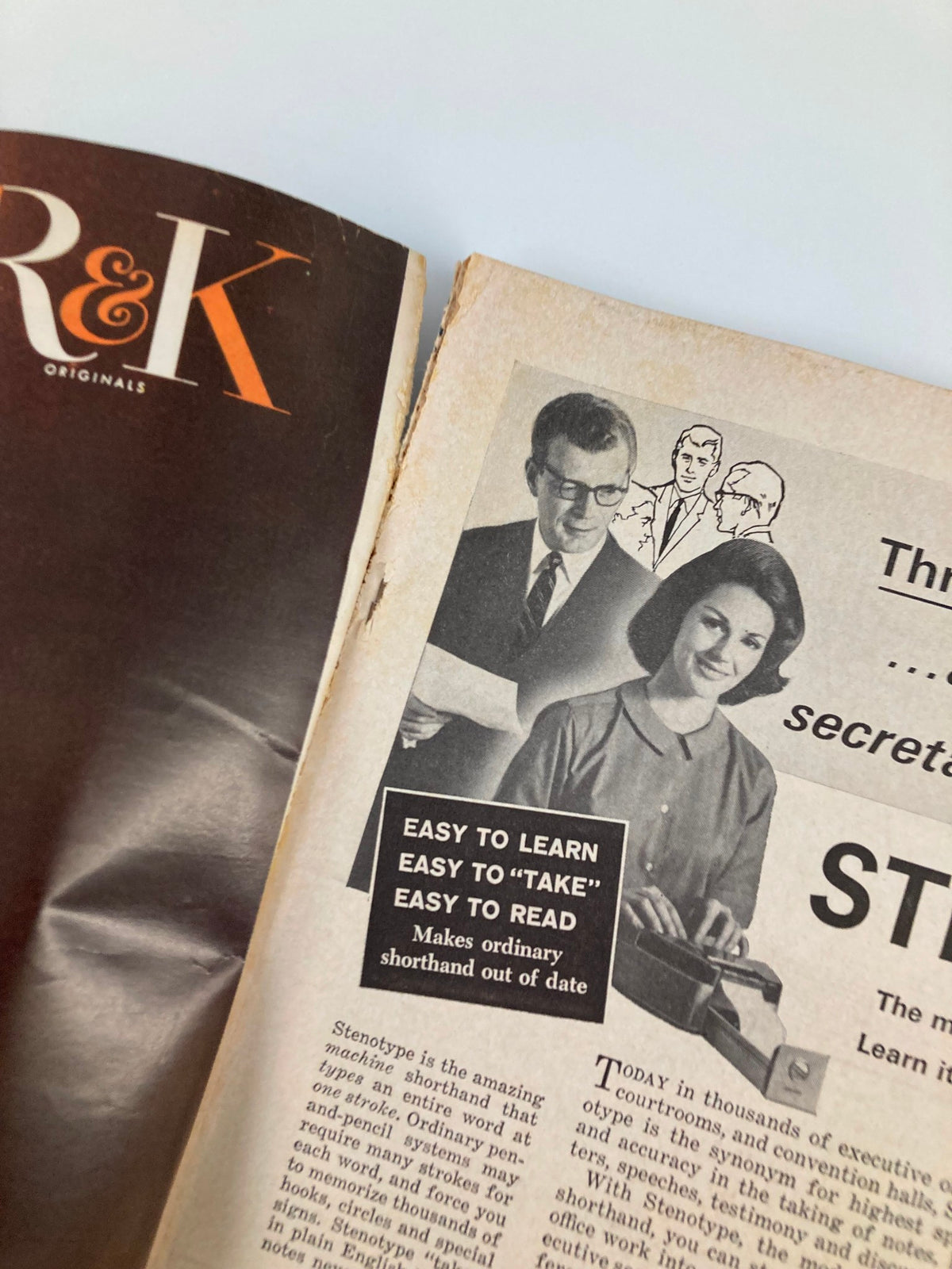 Interior page of VTG Redbook Magazine April 1965 showcasing an advertisement for stenography, highlighting a stenotype machine, with a modern couple in professional attire.