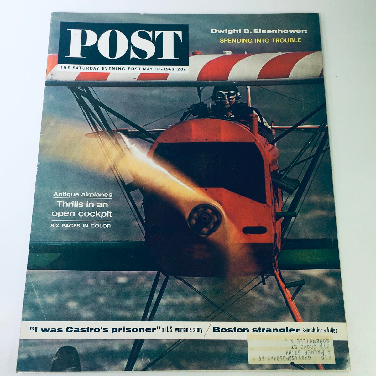 VTG The Saturday Evening Post May 18 1963 cover featuring Dwight Eisenhower's spending troubles and an airplane in an open cockpit, showcasing vintage magazine art and historical significance.