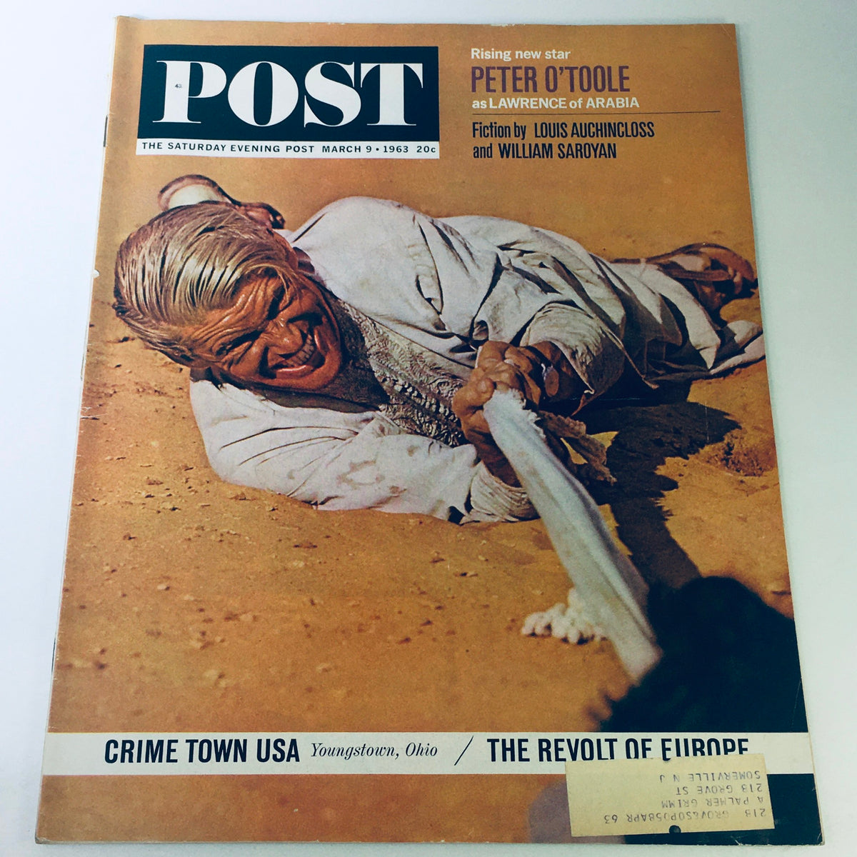 Cover of The Saturday Evening Post from March 9, 1963, featuring Peter O'Toole as Lawrence of Arabia, showcasing iconic cinema history.