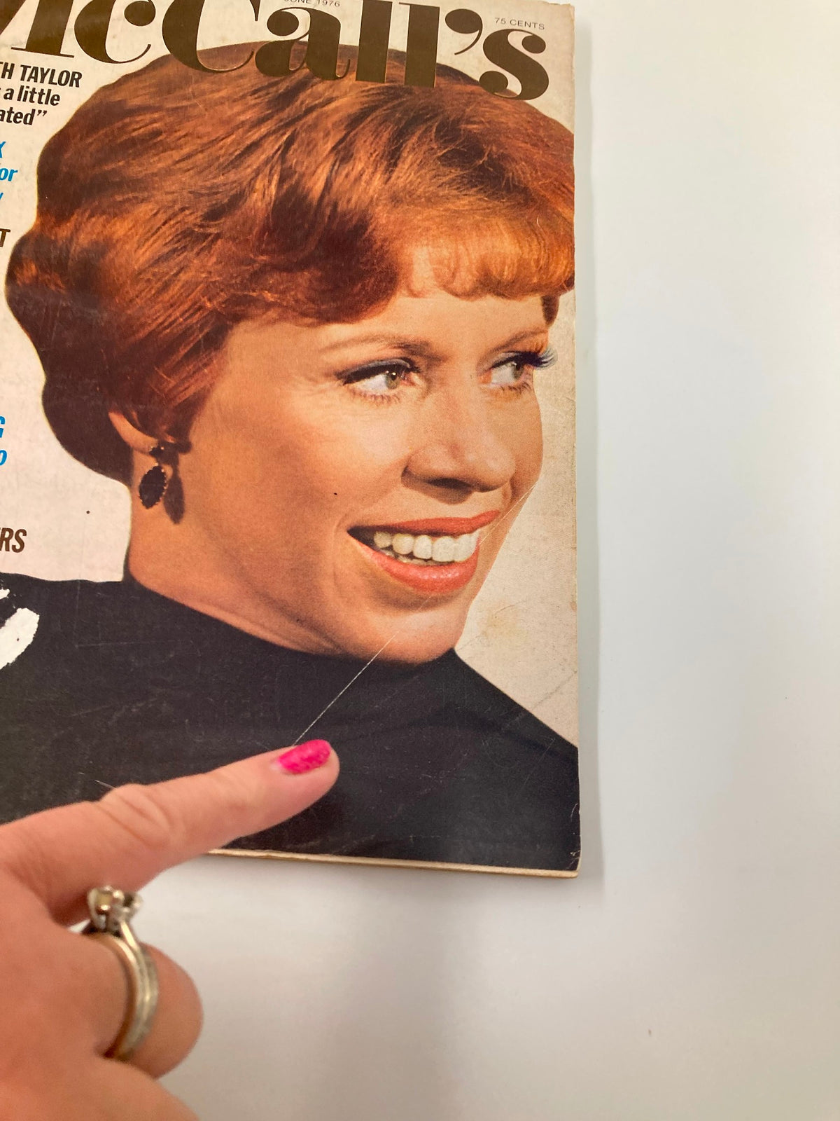 Detailed view of the cover of VTG McCall's Magazine June 1976, highlighting Carol Burnett's smiling portrait and relevant headlines on lifestyle articles.