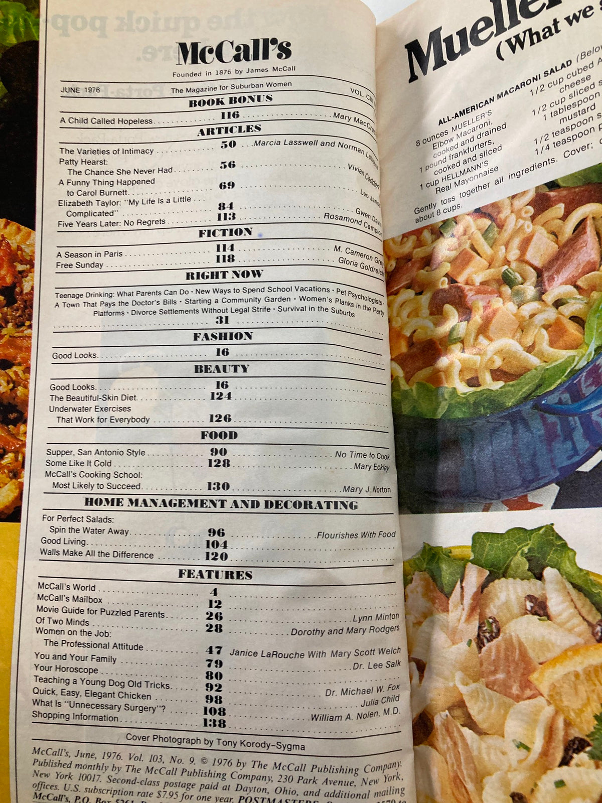 Inside page of VTG McCall's Magazine June 1976 showing the table of contents with various article listings, including features from famous personalities and cooking tips.