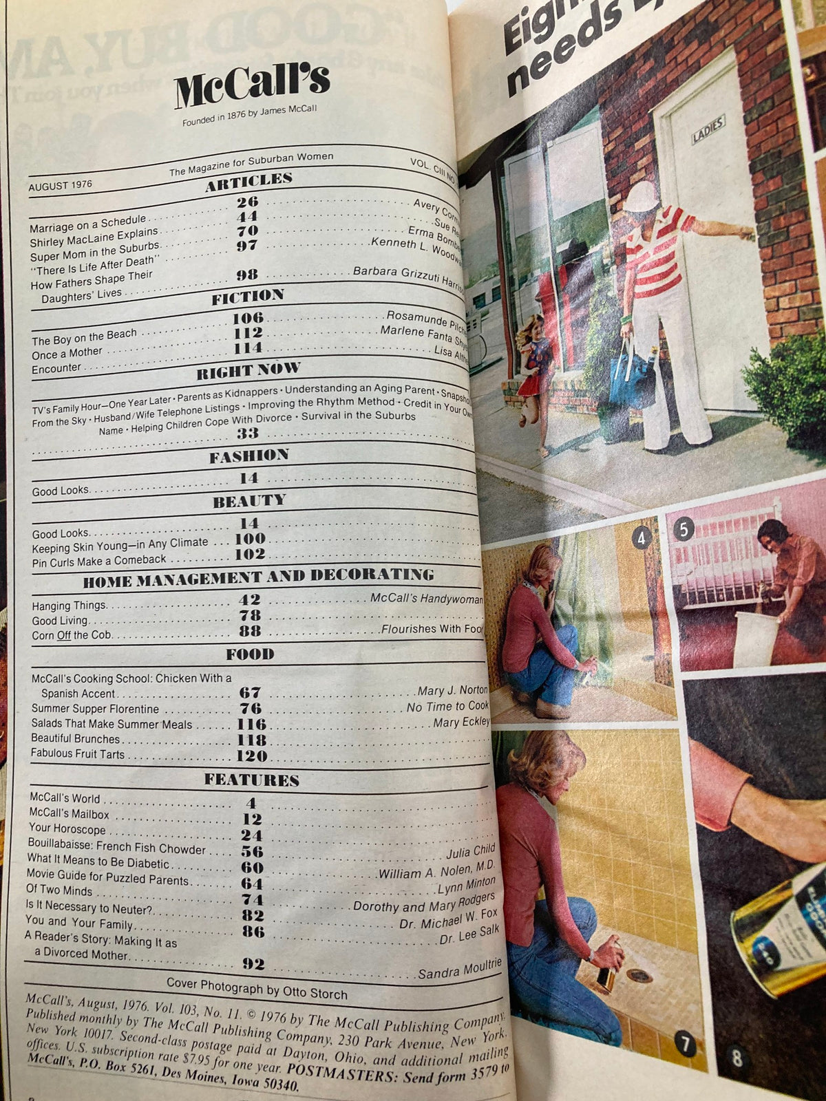 Table of contents from VTG McCall's Magazine August 1976, featuring articles by Shirley MacLaine and other topics on family and home management.