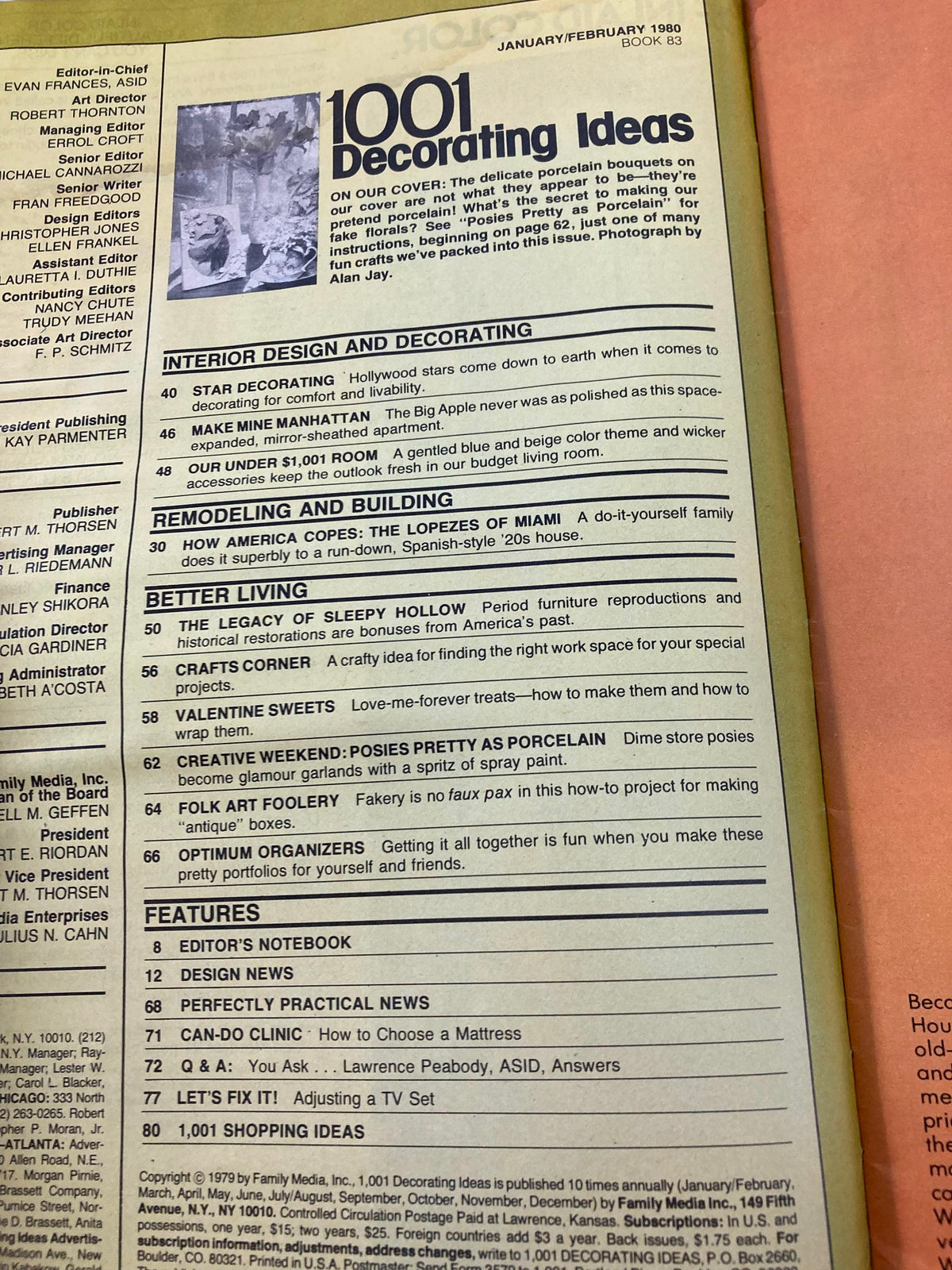 Cover page of '1001 Decorating Ideas' magazine from January/February 1980 featuring design tips and home decor concepts, includes an article on 'Star Decorating' with mentions of Hollywood style influences.