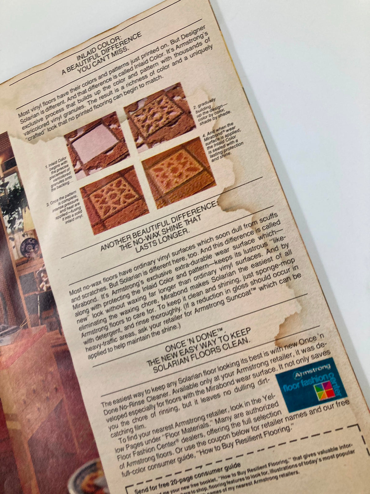 Interior page of '1001 Decorating Ideas' magazine showcasing vinyl floor maintenance tips, discussing the unique characteristics of inlaid color flooring and how to maintain Solarian floors.