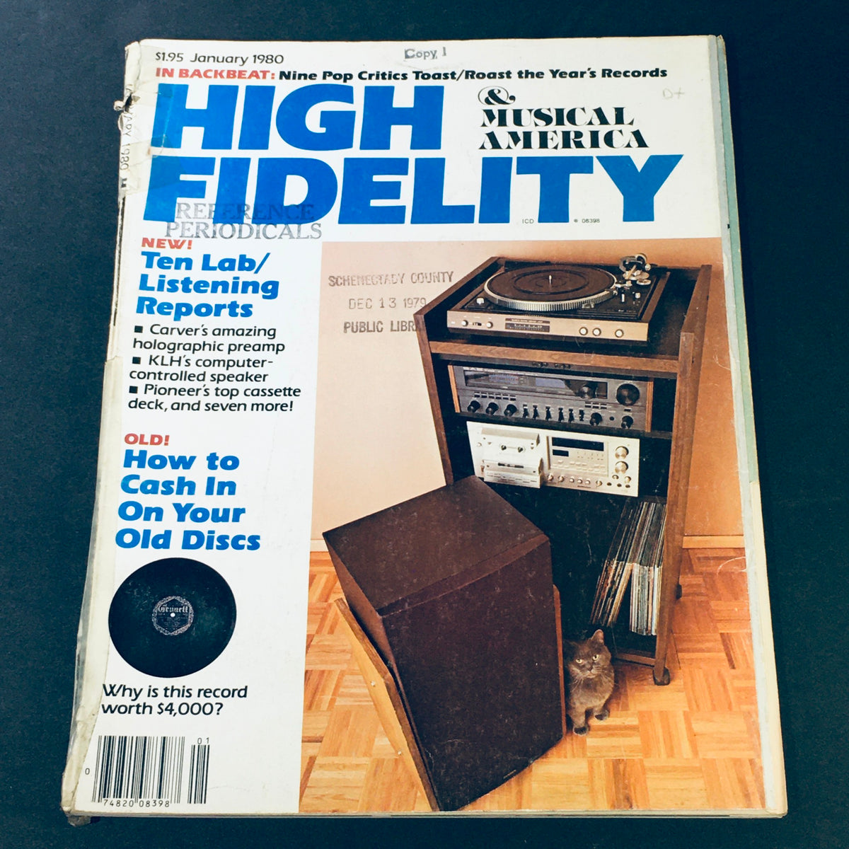 Cover of VTG High Fidelity Magazine from January 1980 featuring a vintage audio setup and the headline 'How to Cash In On Your Old Discs'.