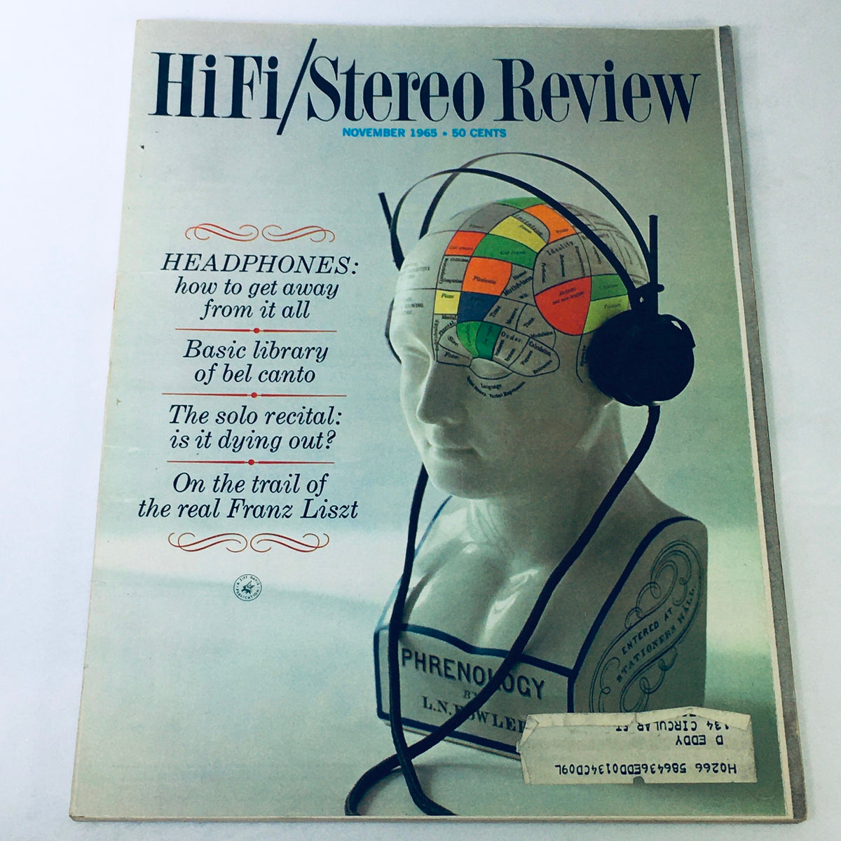 Cover of VTG HiFi Stereo Review Magazine November 1965 featuring a design with a phrenology head and headphones. The magazine includes features on Franz Liszt, the solo recital, and headphones.